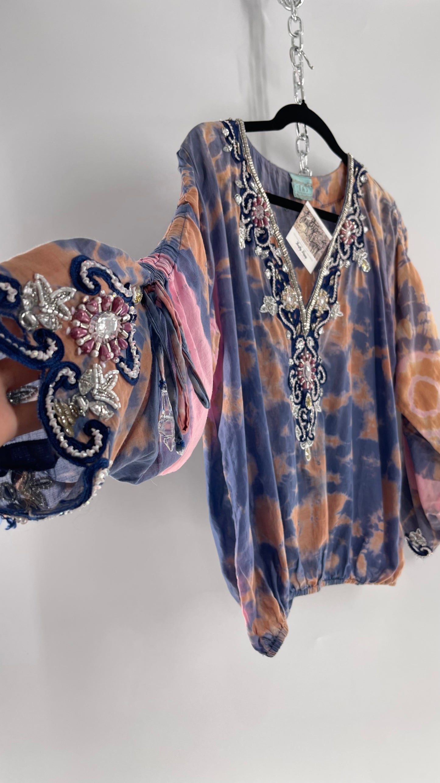 TAJ by Sabrina Crippa Tie Dye Blouse with Gemstone Encrusted Neckline and Ruched Beaded Sleeves (S/M)