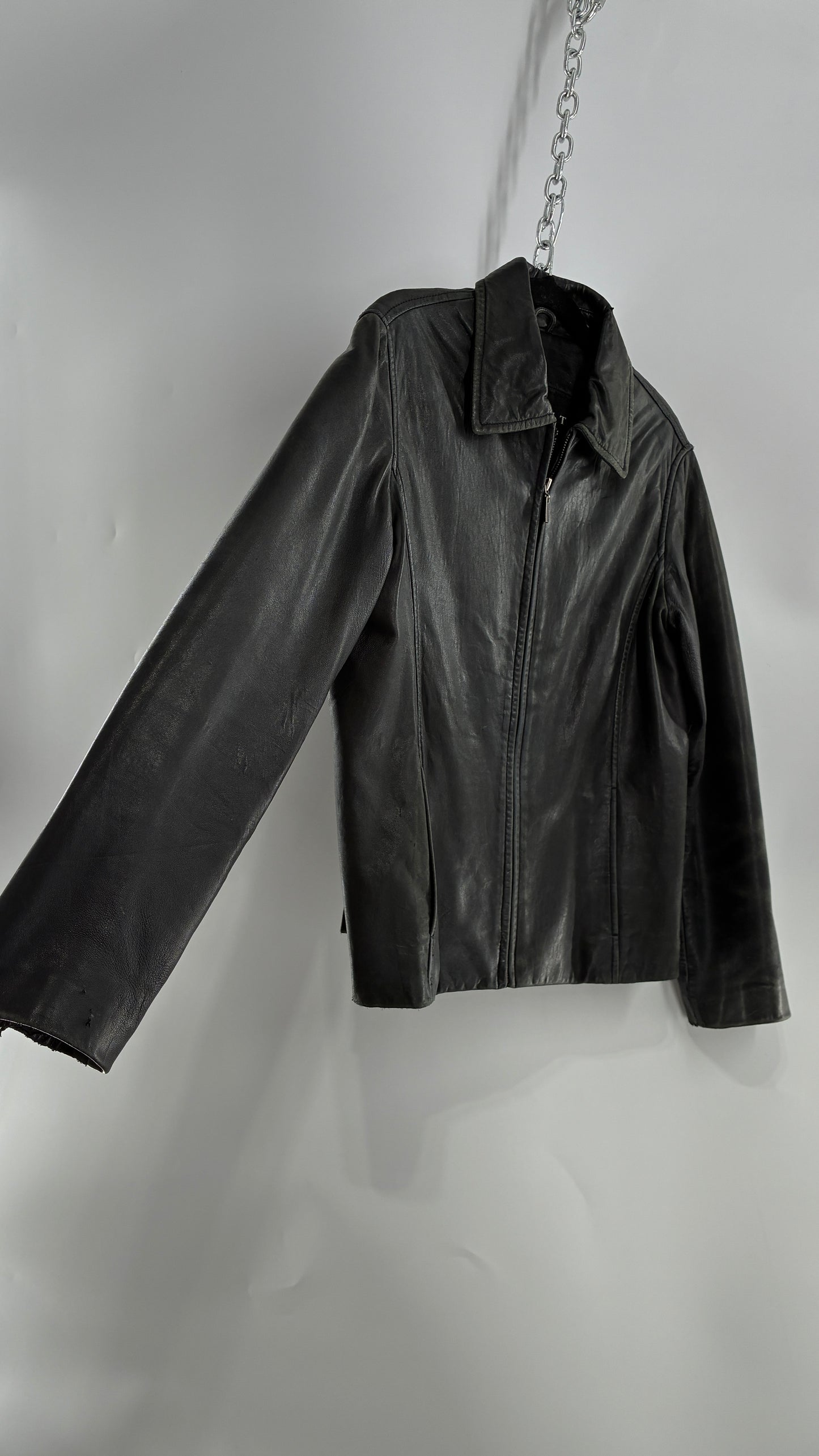 Vintage WINLIT New York Black Leather Collared Zip Front Paneled Jacket (Large)