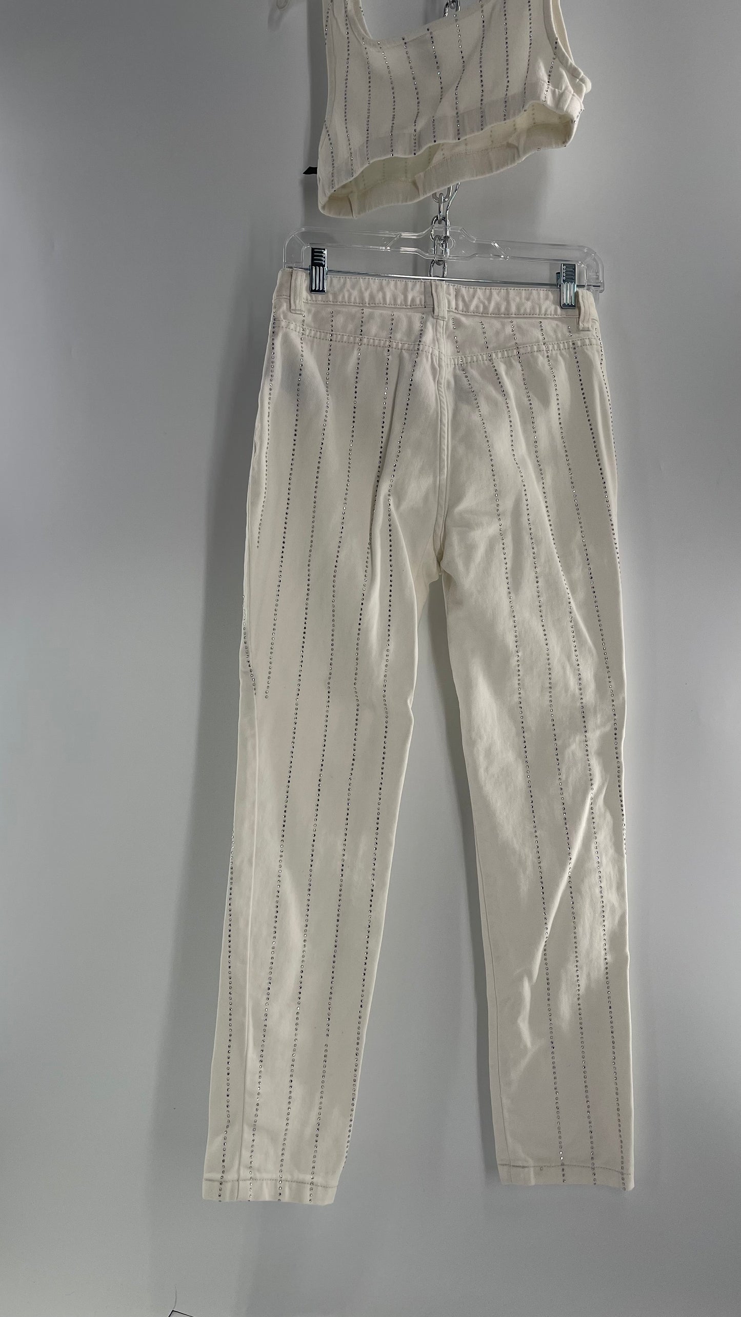 BDG White Jeans (S) With Rhinestones and Sleeveless Cropped White Top With Rhinestones Set (S)