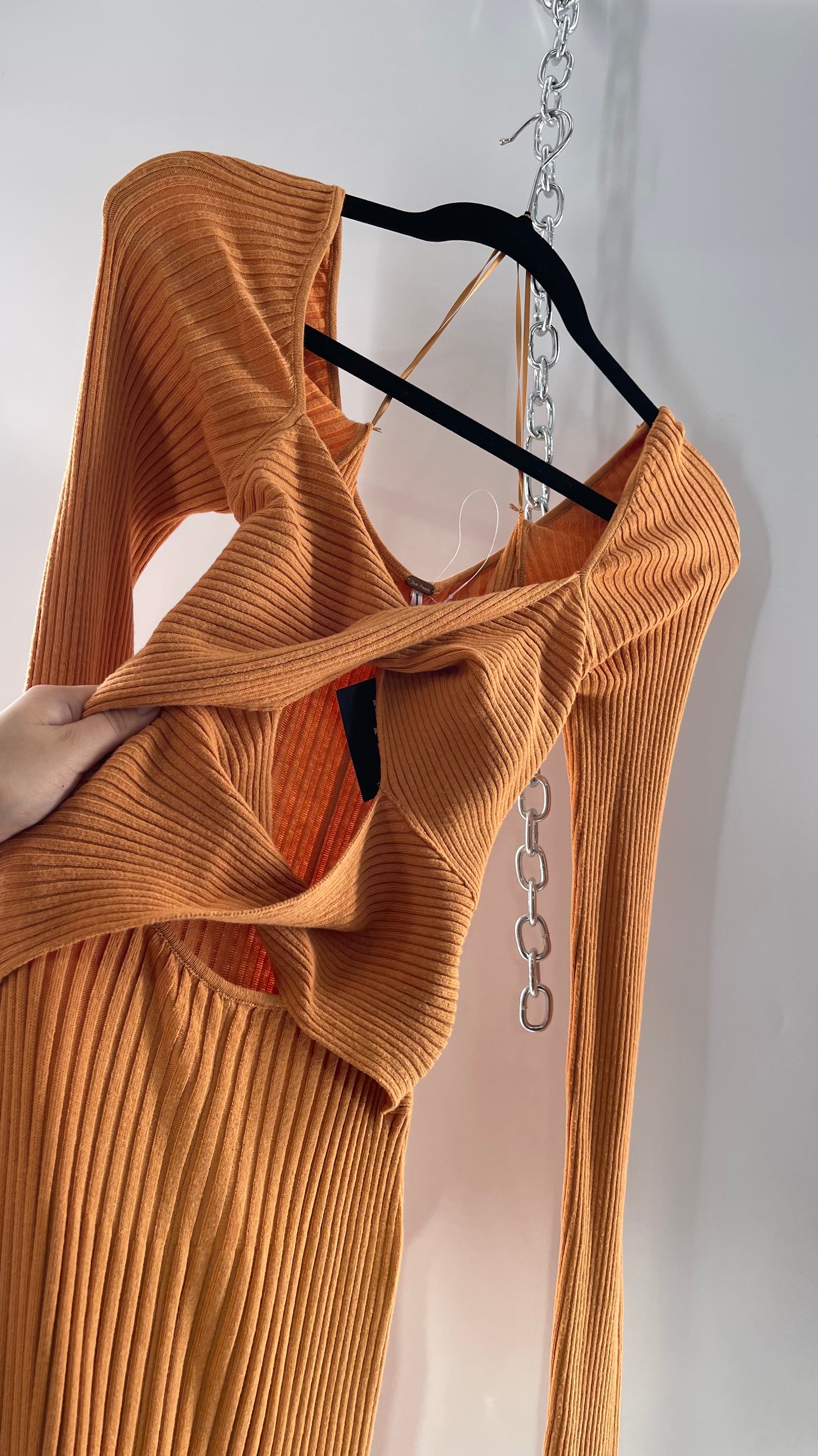 Free People Orange Ribbed Knit Maxi Dress with Cross Over Exposed Midriff Dress (Medium)