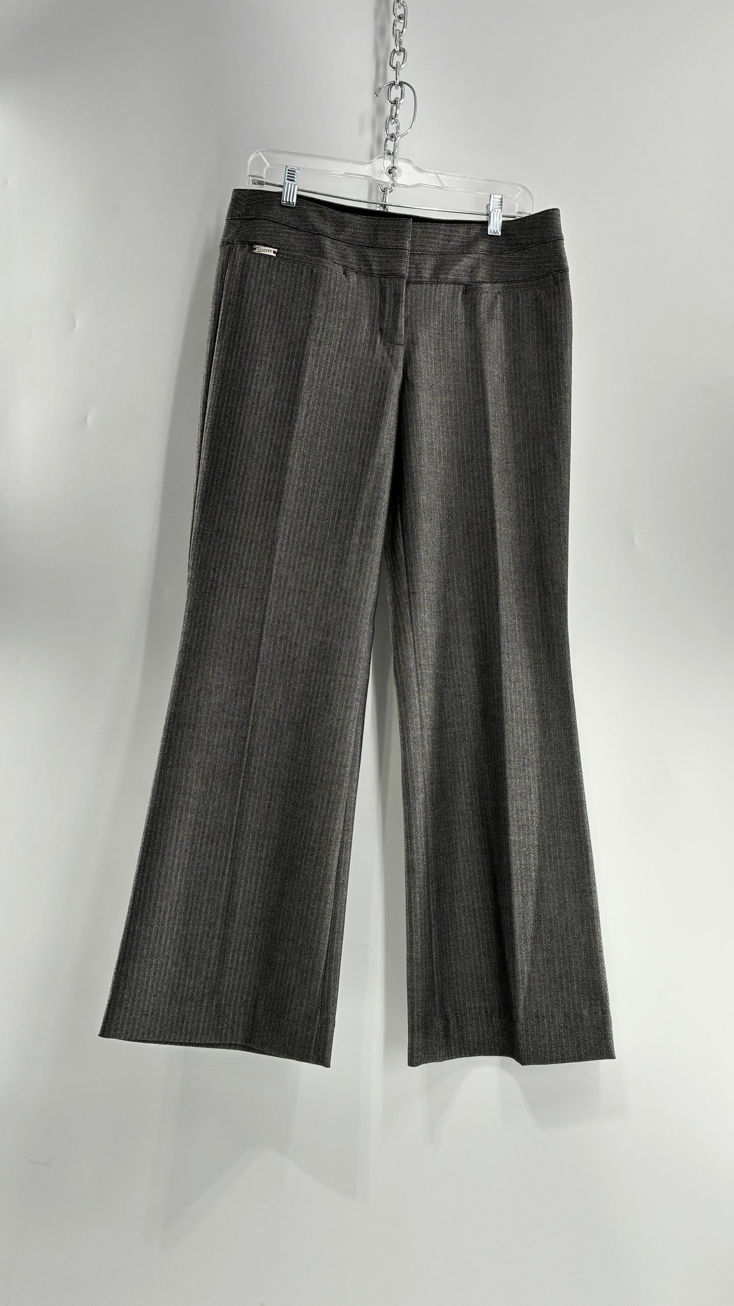 Vintage 1990s EXPRESS Editor Dark Grey Pinstripe Ultra Low Rise Thick Hip Band Kick Flares (6R)