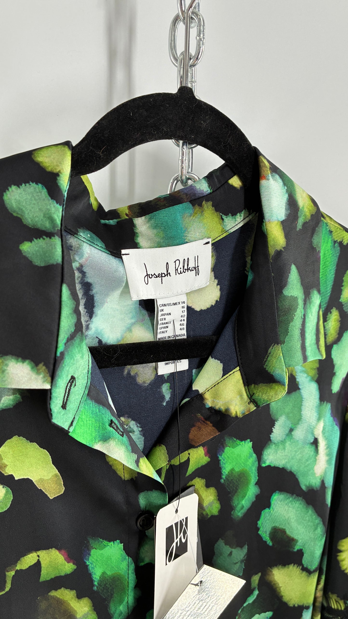 JOSEPH RIBKOFF Green Graphic Balloon Sleeve Blouse with Tags Attached (14)