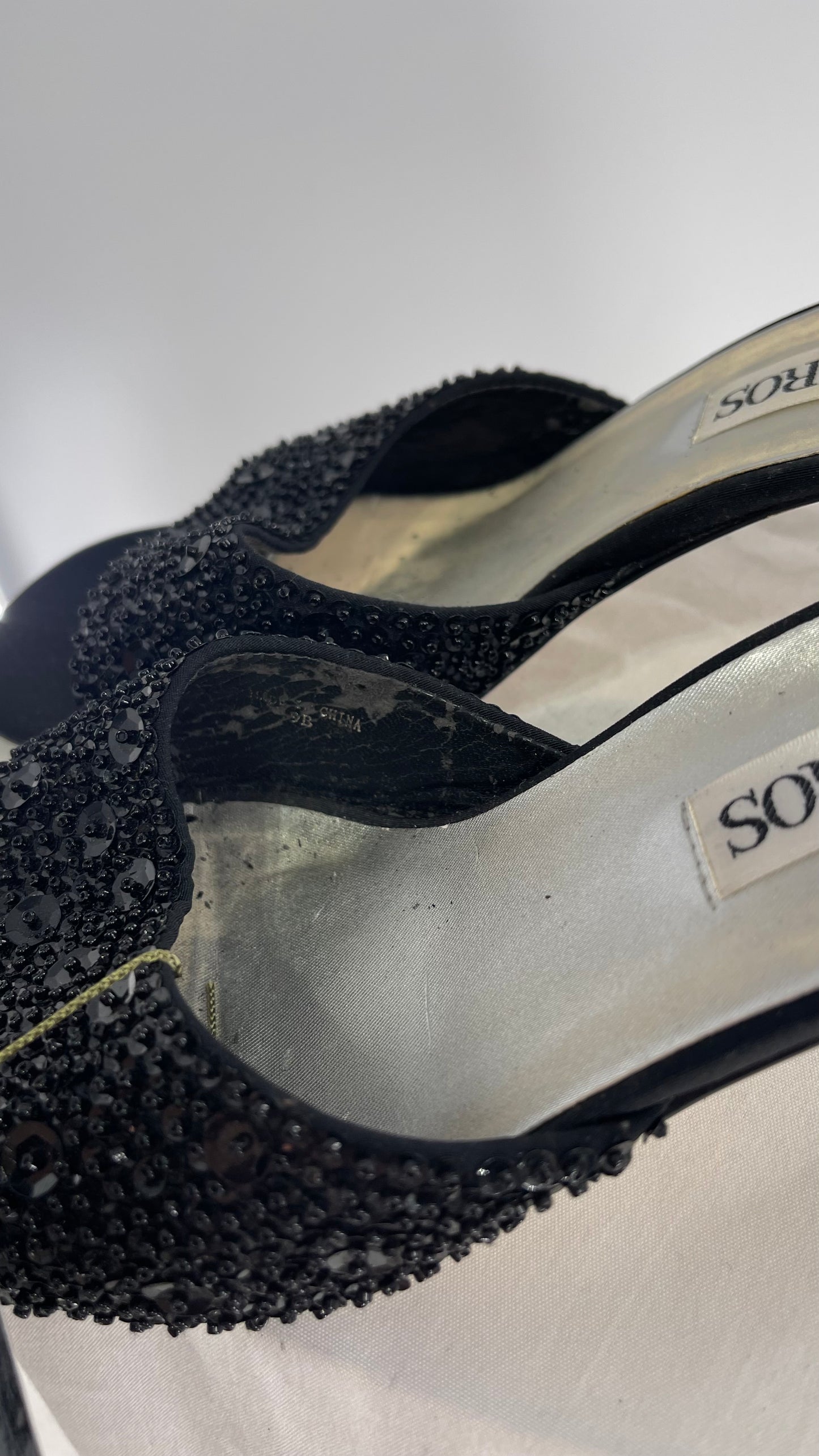 Vintage Caparros Black Square Toe Kitten Heel with Sequin Embellishments (9)