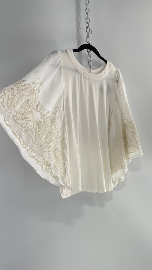 Anthropologie Eri + Ali White Embroidered Bat Wing Blouse (Medium)