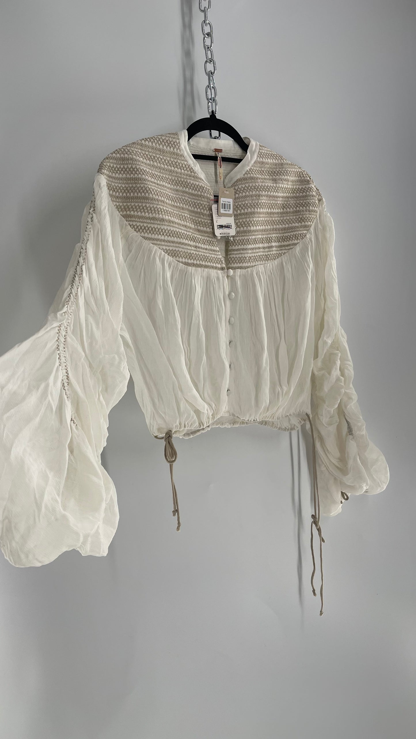 Free People Off White Draped Sleeve Button Front Embroidered Neckline Blouse with Tags Attached (Small)