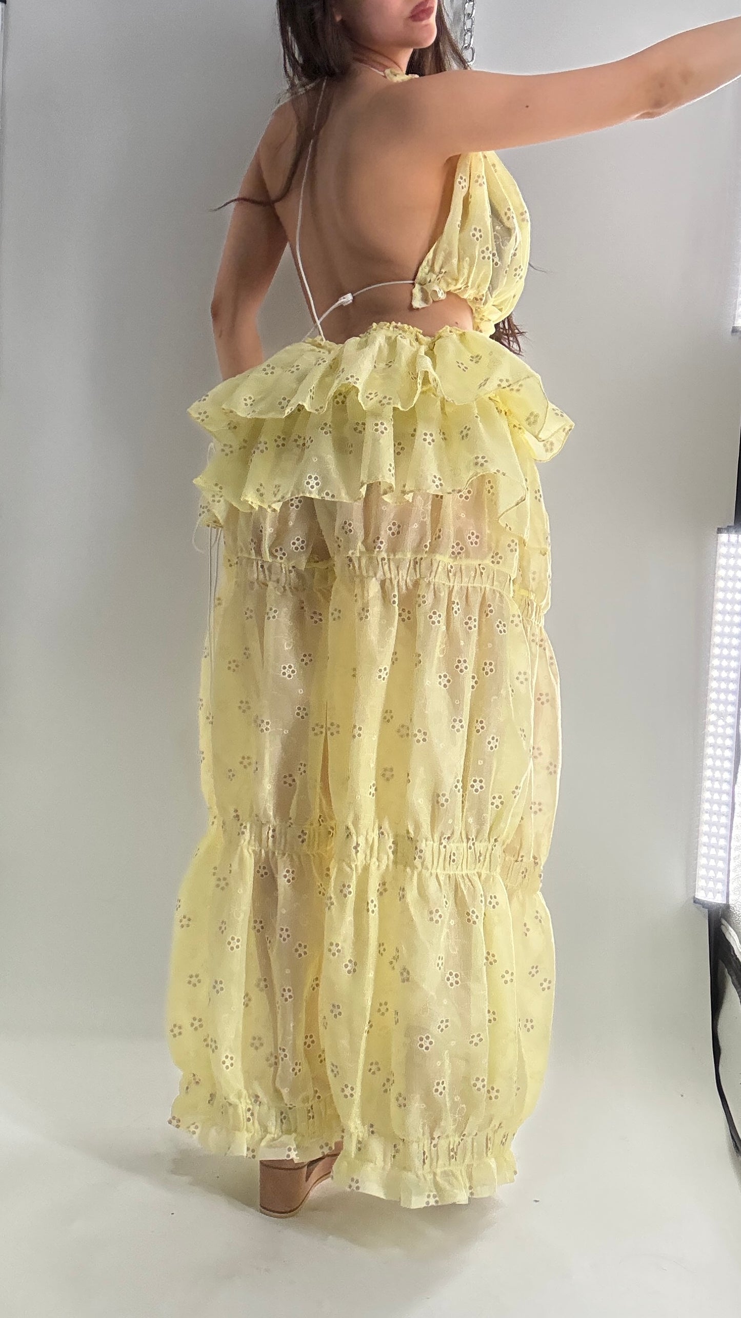 Vintage Handmade 2pc Baby Yellow Set with Tiered Pants, Ruffled Bum, and Floral Eyelet Pattern (XS-M)