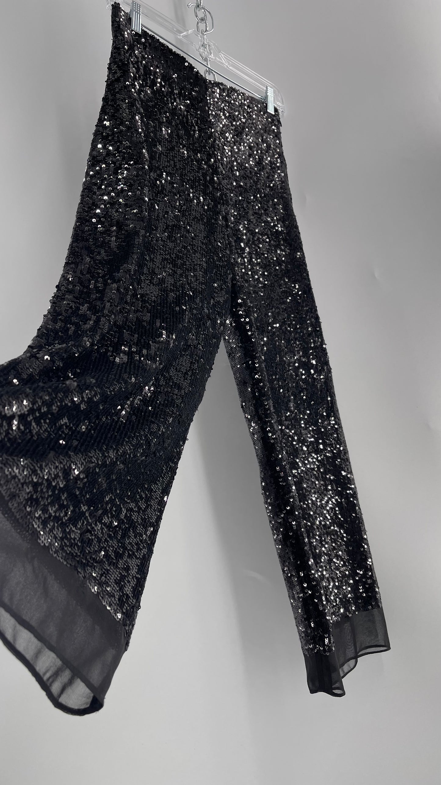 ZARA STUDIO Black Sequin Pijama Trouser with Chiffon Hem and Ribbon Lined Waist (Medium)