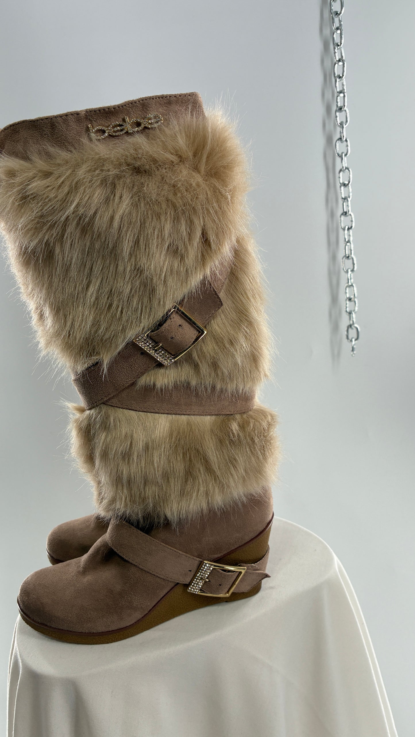 Vintage BEBE Wedge Heel Knee High Vegan Fur, Strappy Boots (6)