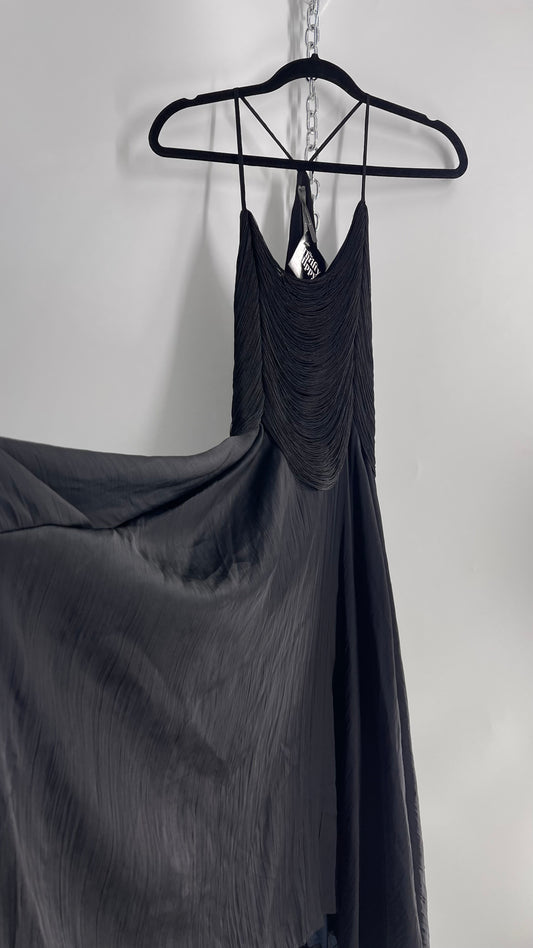 Anthropologie Black Handkerchief Hem Midi Dress with Heavy Draped Rope Bodice (4)