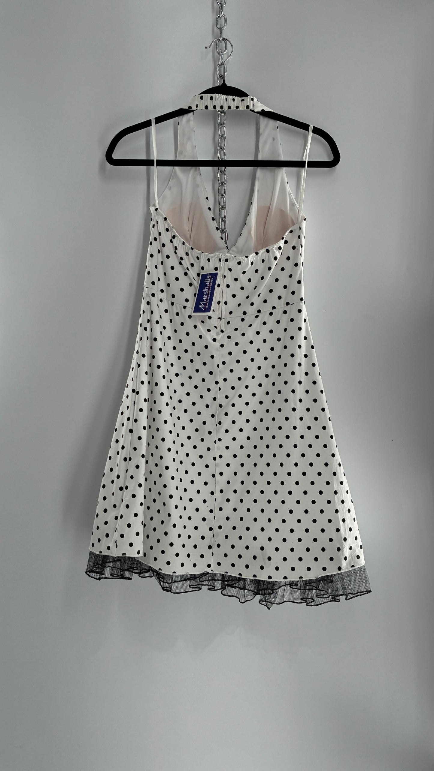 Deadstock Vintage Ruby Rox Retro Style White and Black Polka Dotted Mini Dress with Tulle Trim (7)
