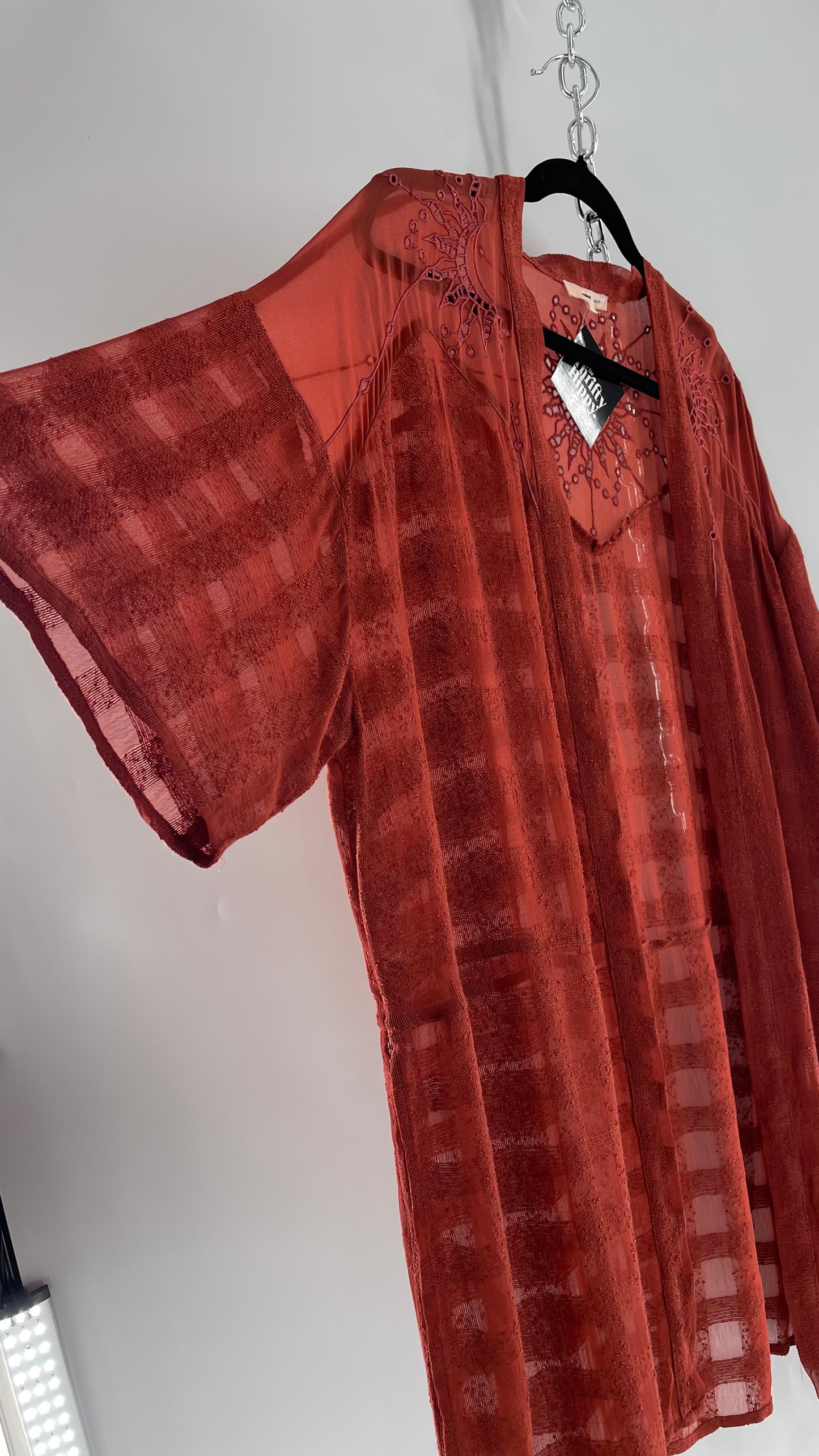 NFO Anthropologie Burnt Orange Cape With Embroidered Solstice Sun and Crescent Moon Designs (One Size)