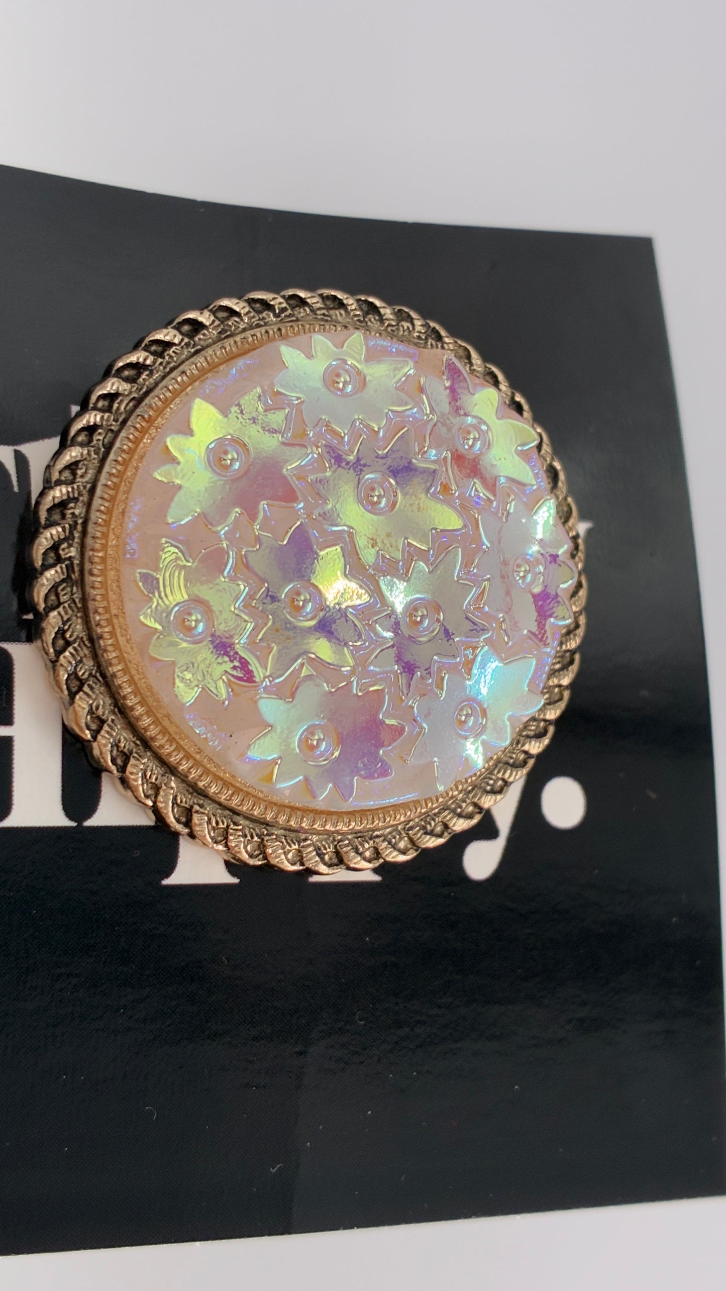 Vintage Scarf Ring Loop with Gold Metal Border and Iridescent Flowers
