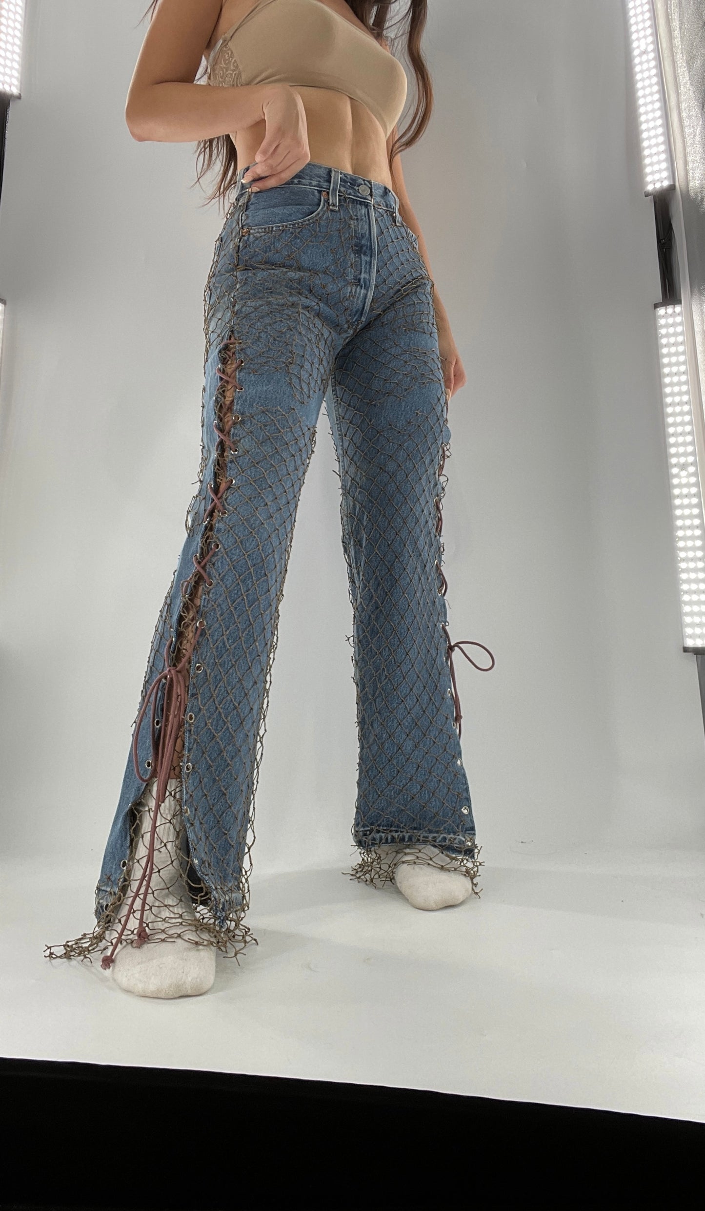 Custom - Fishnet Levi’s with Grommets and Lace Up Sides (Waist 29 Length 30) Fits Like a 26*