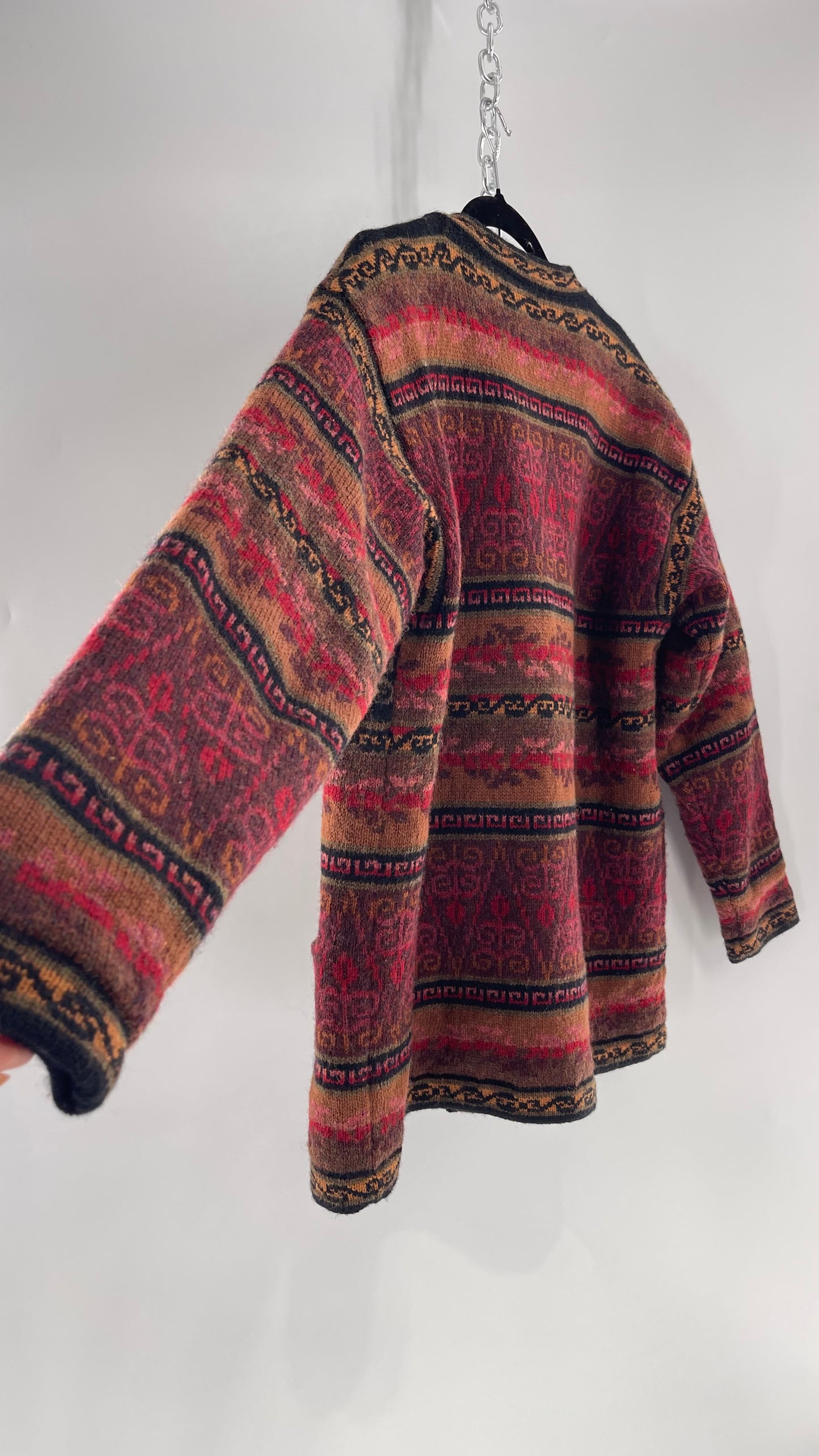 Vintage Iceland Design Wool Jacket with Brass Embossed Buttons and Folk Floral Patterning(C)(Medium)