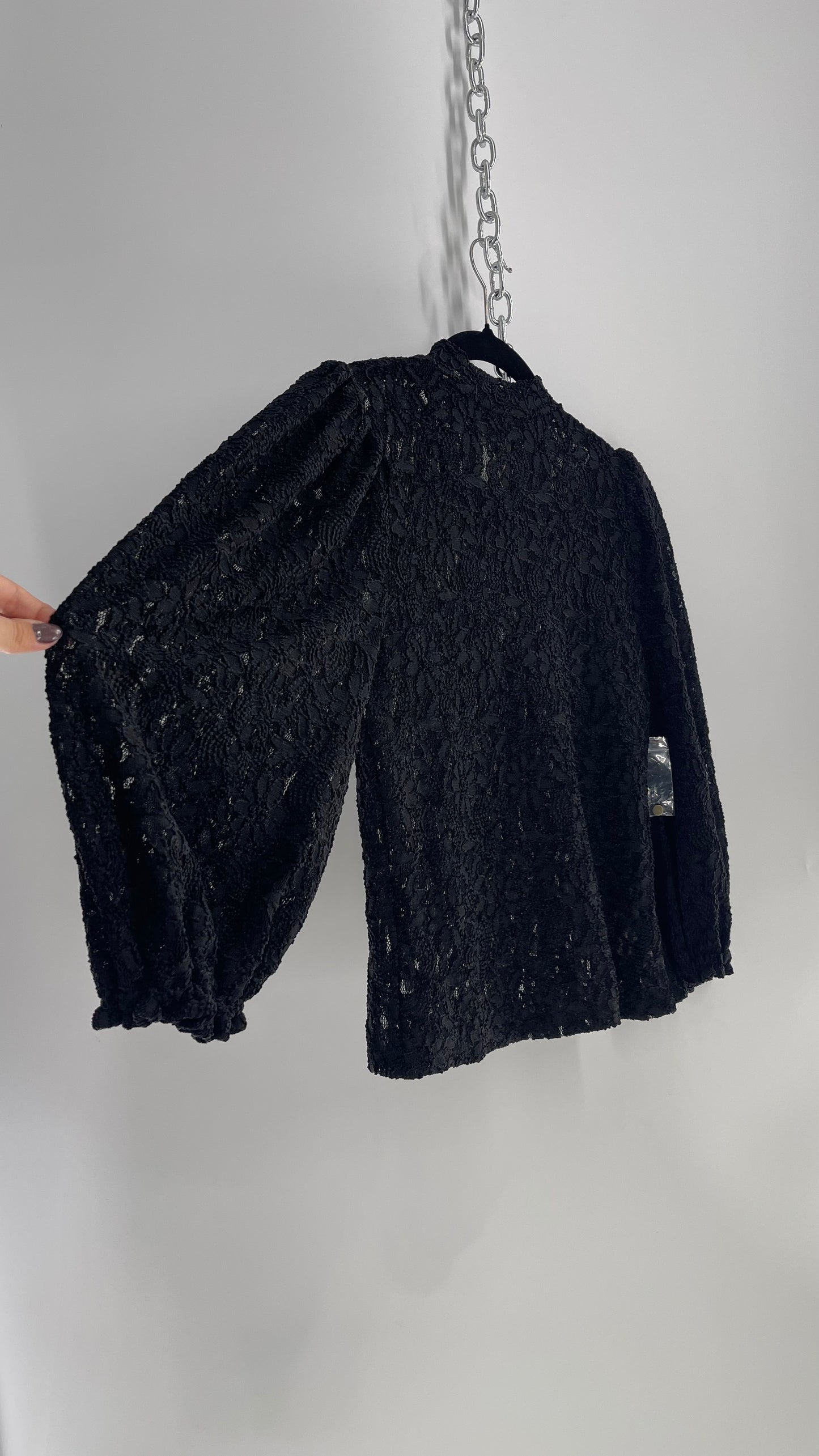 Free People Black Lace Bubble Quarter Sleeve Turtle Neck and Extra Buttons (XS)