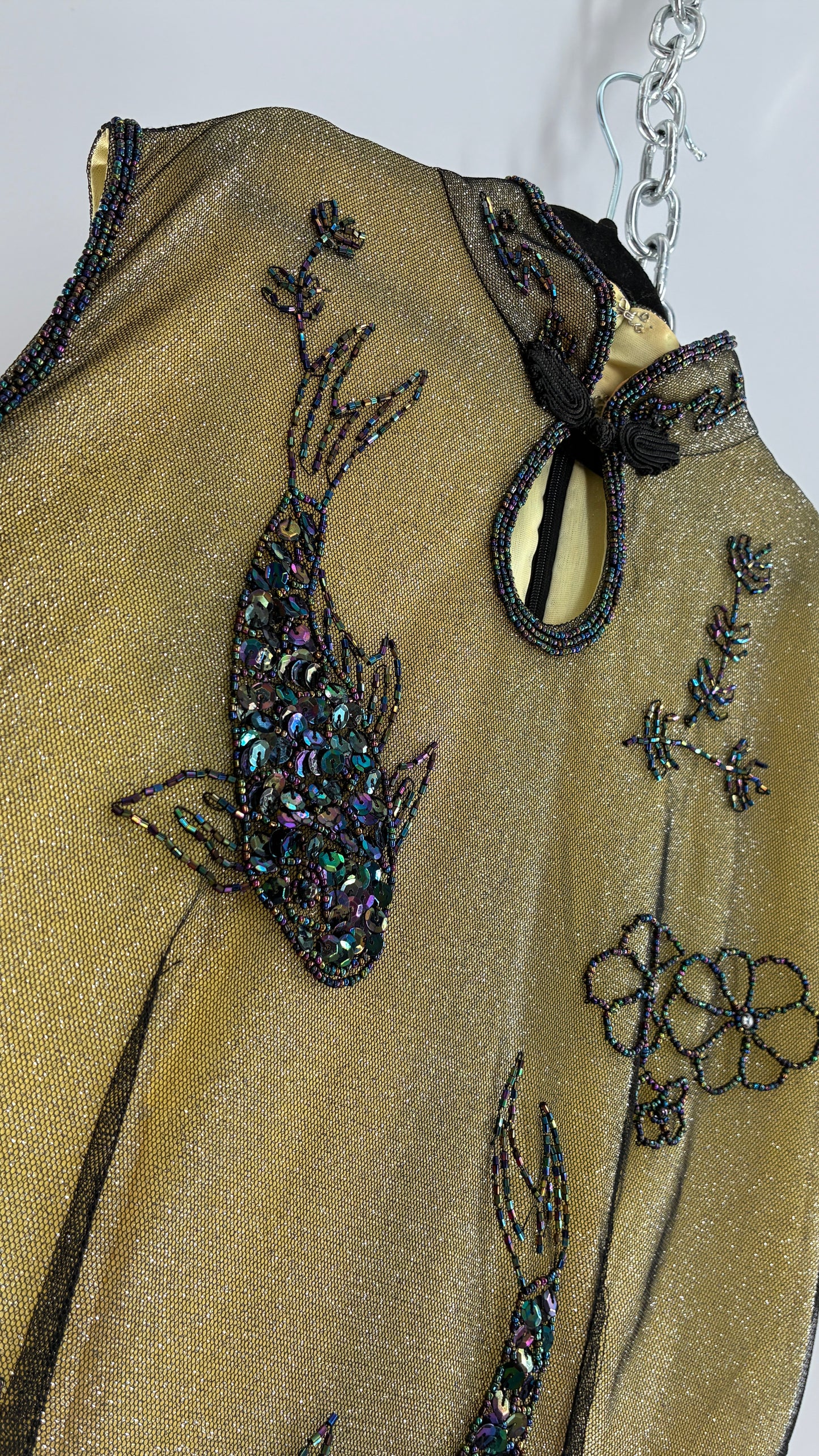 Vintage 1990s One of a Kind Handmade, Green Gown with Beaded Koi Fish, Metallic Tulle Overlay, and Symmetric Back (Medium)
