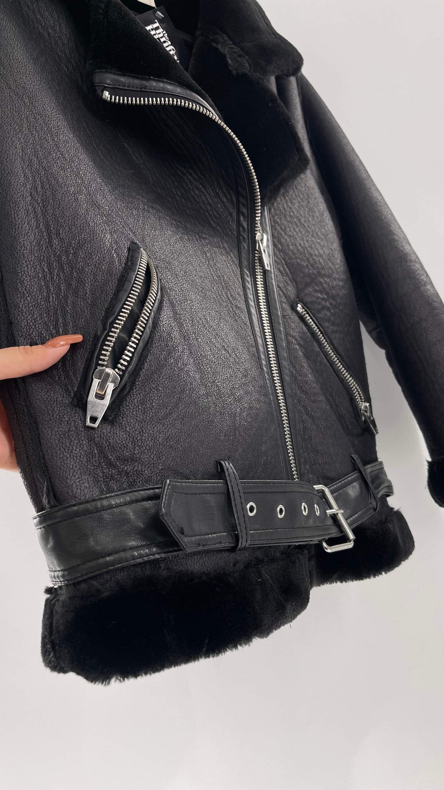 H&M (C) Black Faux Leather Moto Jacket with Faux Fur Lining (10)