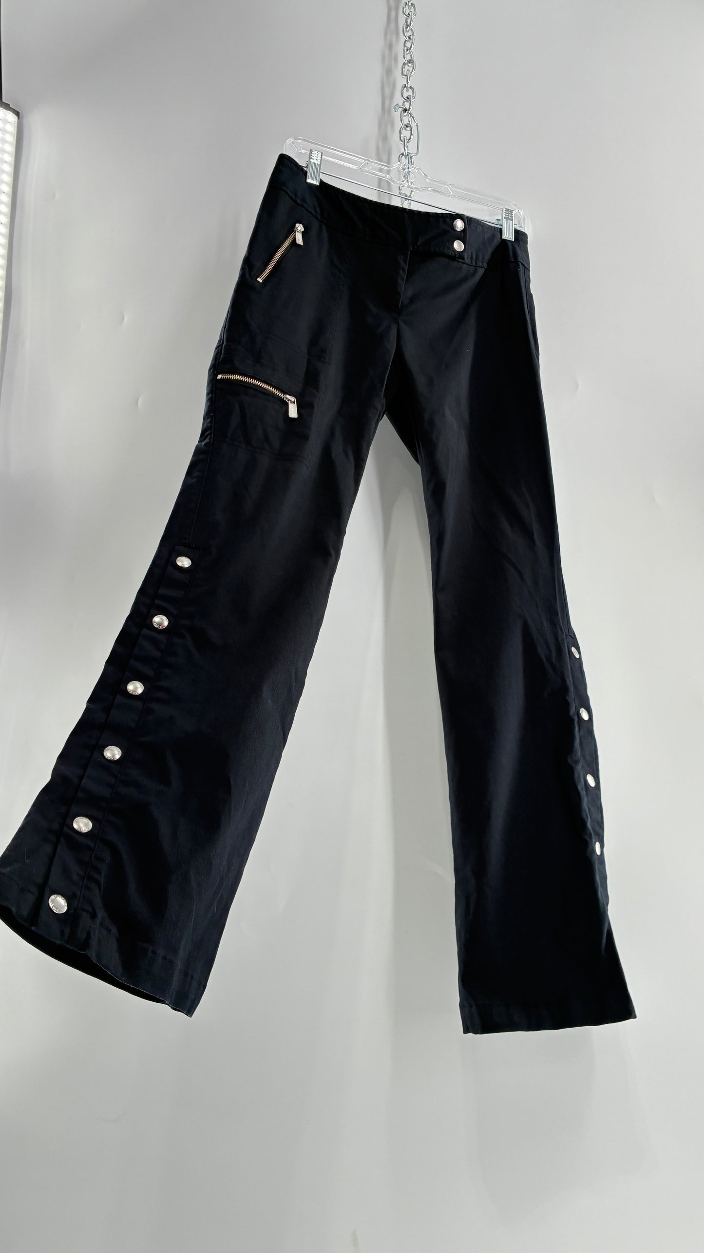 Vintage MICHAEL KORS Black Button Leg Kick Flare Low Rise Pants with Zipper Details and Side Closure (6)