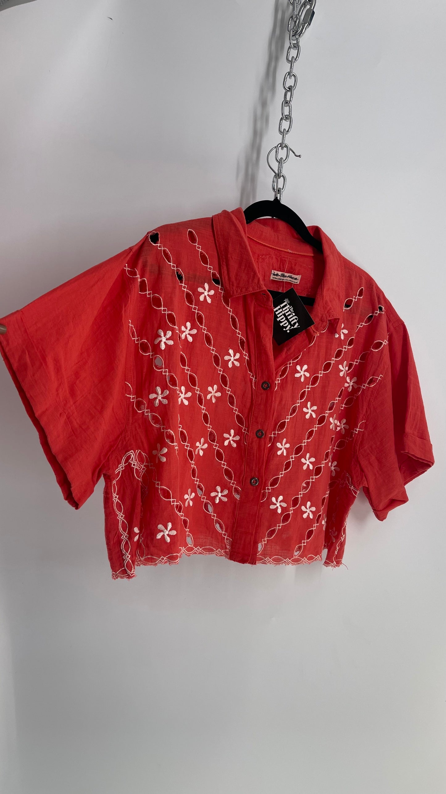 Free People Coral Top with White Eyelet Lace Embroidery (XL)