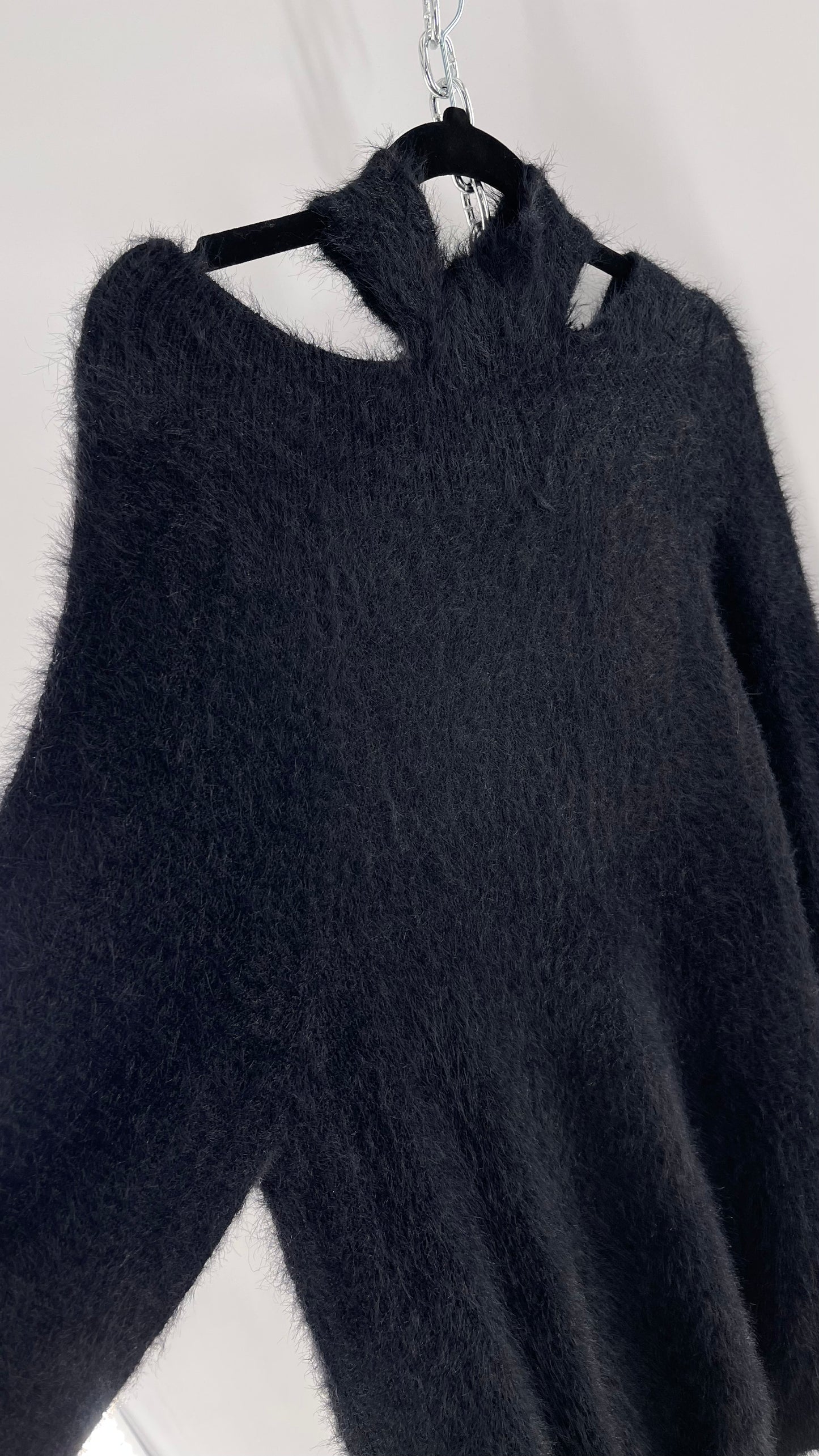 Callahan Black Fuzzy/Shaggy Slouchy Sweater with Choker Neckline Detail (Small)
