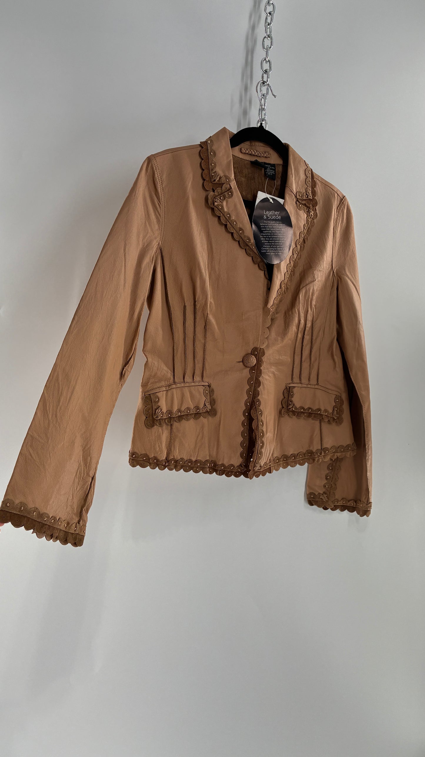 RARE Deadstock Vintage Cami Brown Thin Leather Jacket with Suede Scalloped Trim (12)