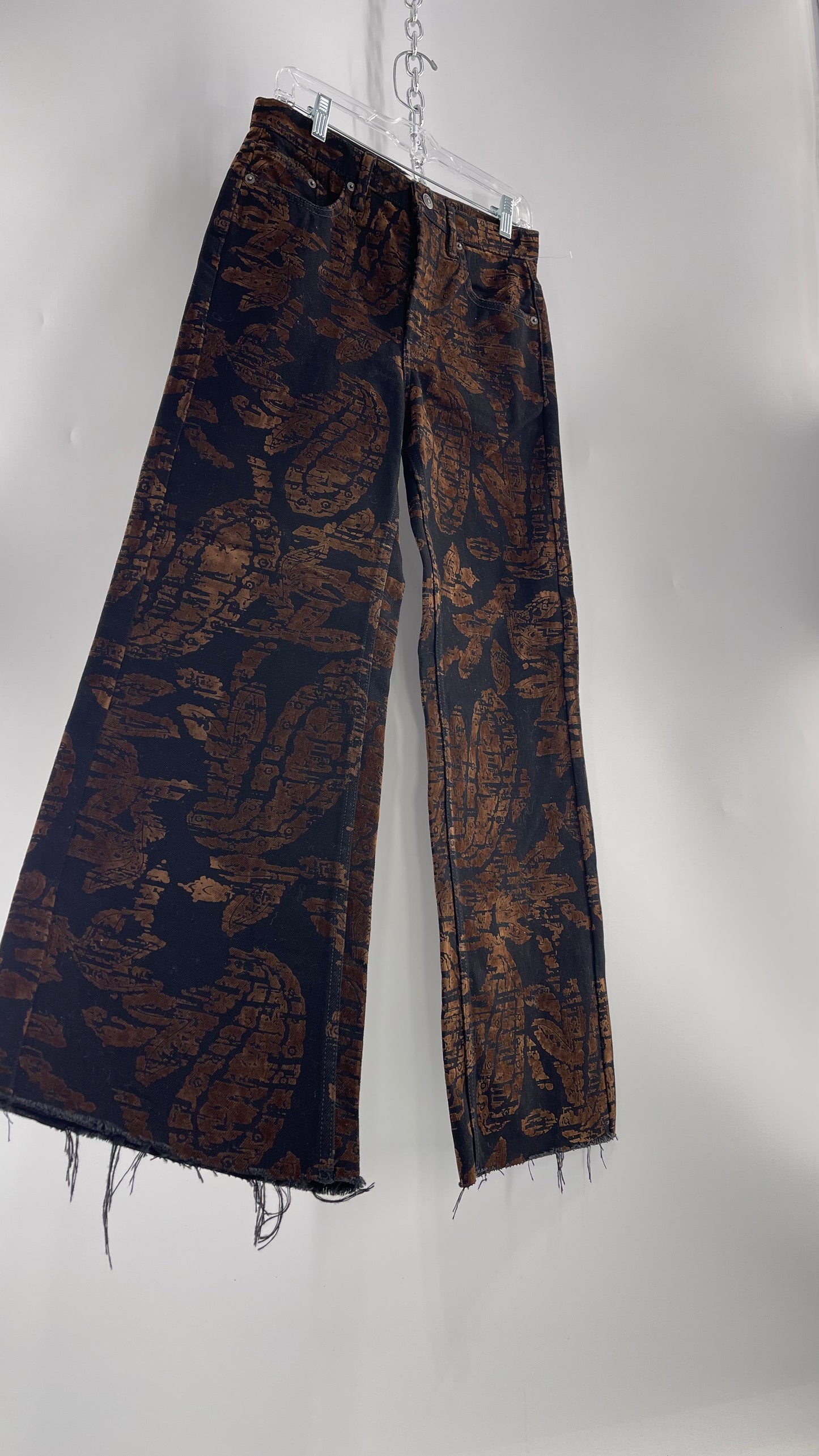 Free People Black/Brown Velvet Texture Graphic Straight Legs with Raw Edge Hem and Tags Attached (28)