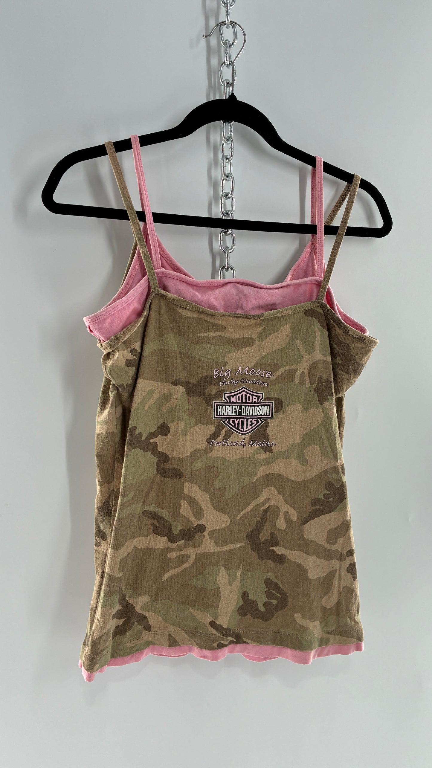 Vintage Harley Davidson Camo Tank with Built in Pink Sports Bra (Large)