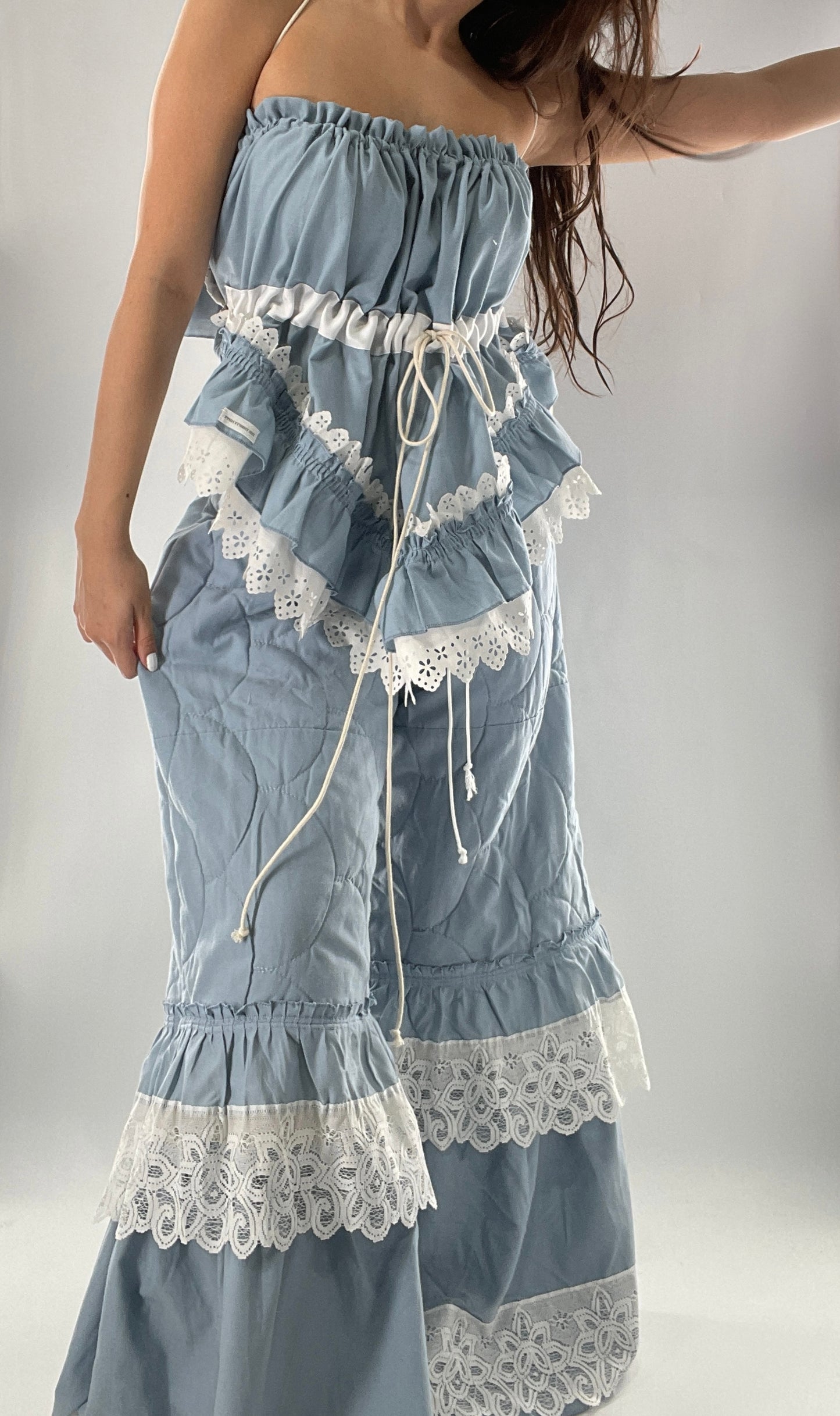Vintage 2 Piece Powder Blue Set Featuring 2Way Blouse and Quilted Trousers Covered in Ruffles, Lace and Trim (One Size)