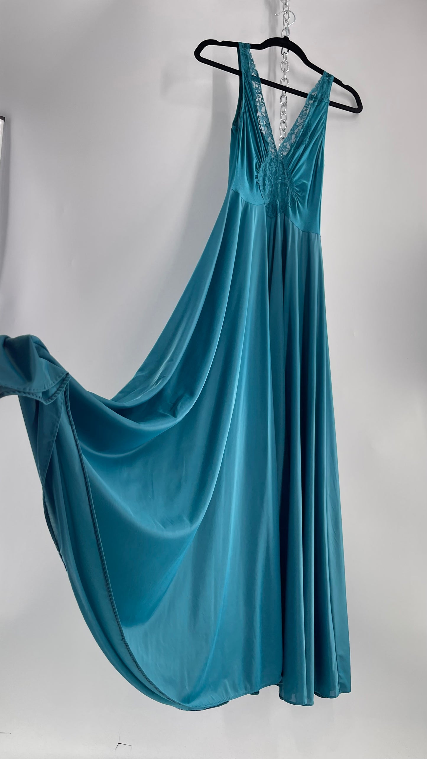 Vintage Olga Intimates Floor Length Voluminous Blue Jewel Toned Maxi Dress/Night Gown with Lace Bust (Small)