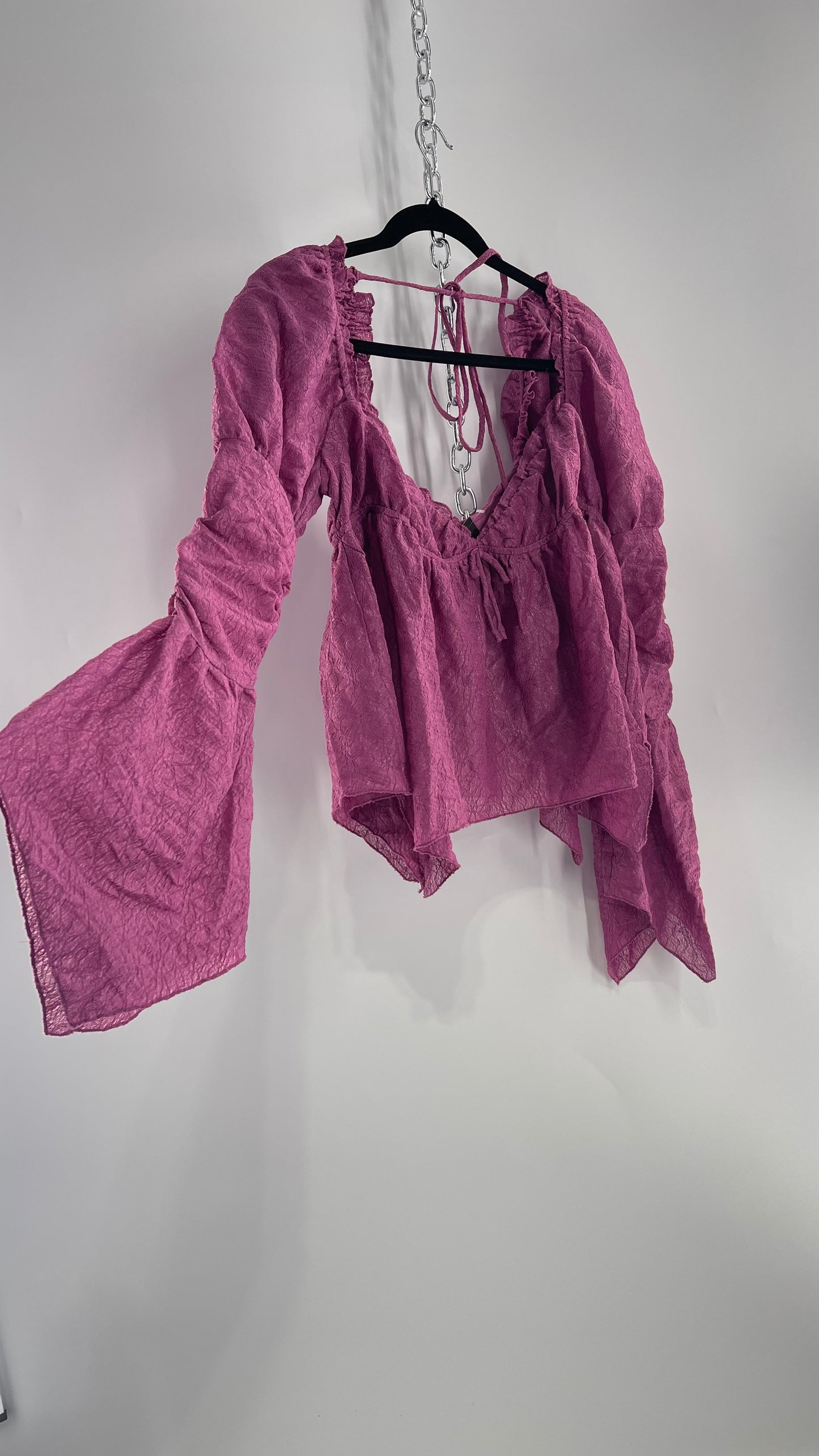 Urban Outfitters Purple Lace Blouse with Handkerchief Slit Hem, Princess Fairy Sleeves, Ruffle Trim Bust and Low Back (Large)