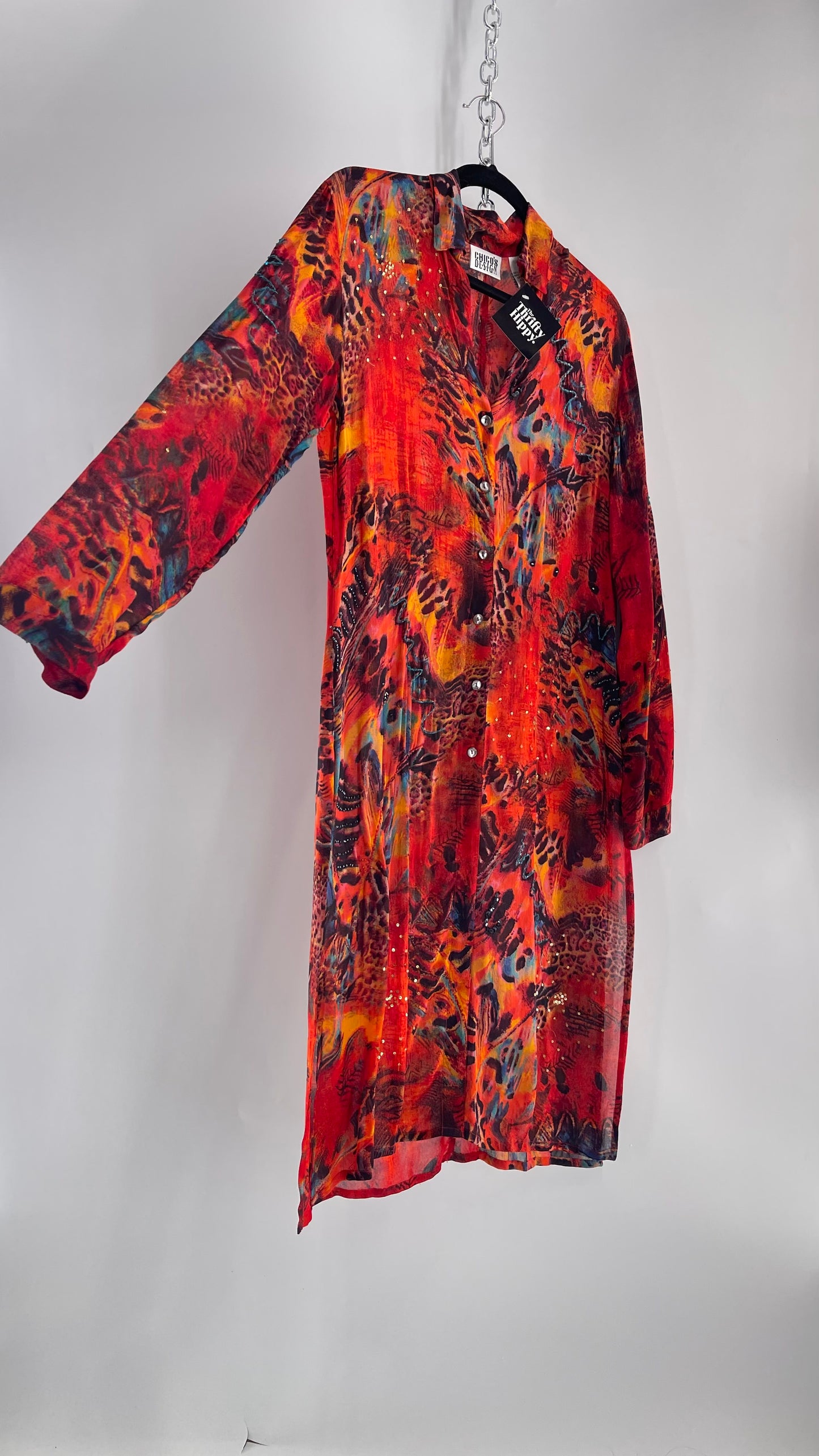 Vintage CHICOs Burnt Orange Sheer Duster Coat with Mixed Animal Print and Embroidery/Beading (XL)