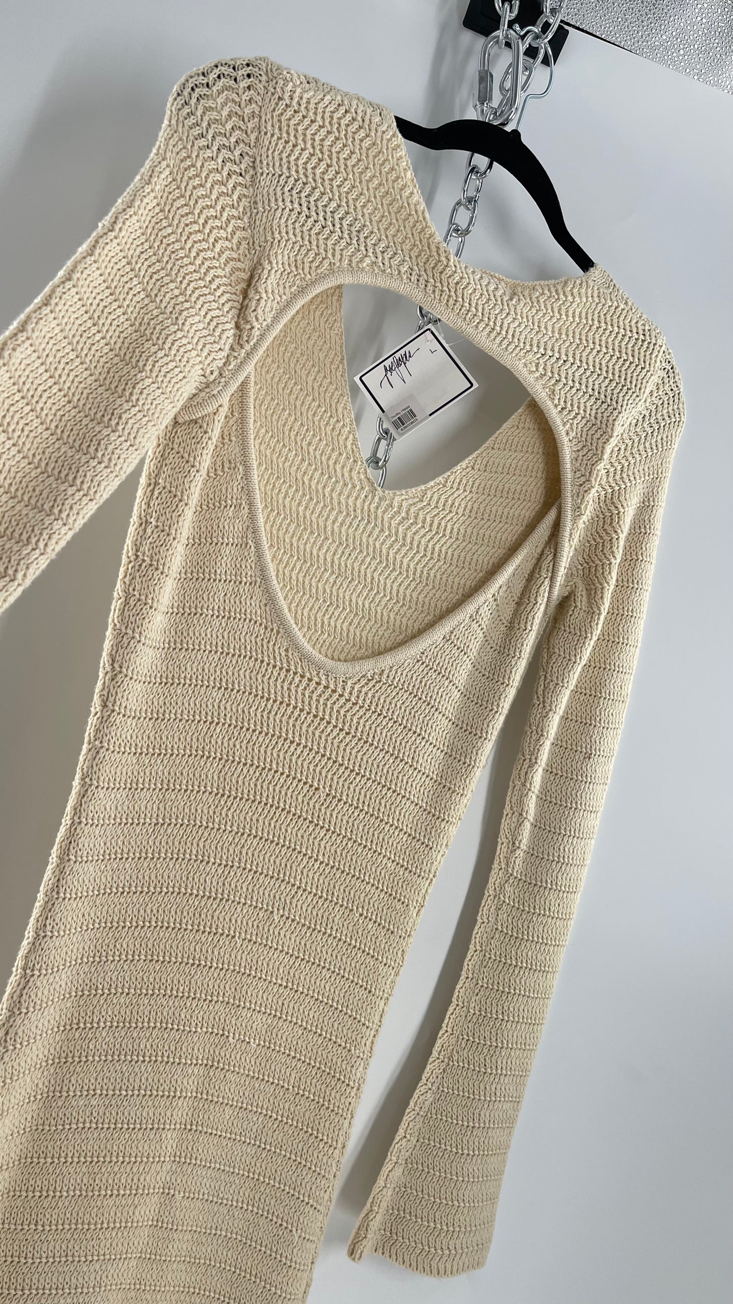 Free People Cozy Cream Knit Open Back Maxi Dress with Slight Bell Sleeve (Large)