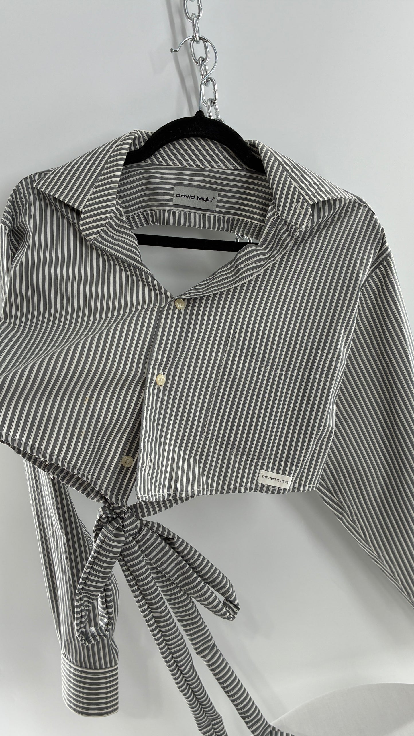 Vintage DAVID TAYLOR Reworked Button Front Backless Grey Striped Blouse (One Size)
