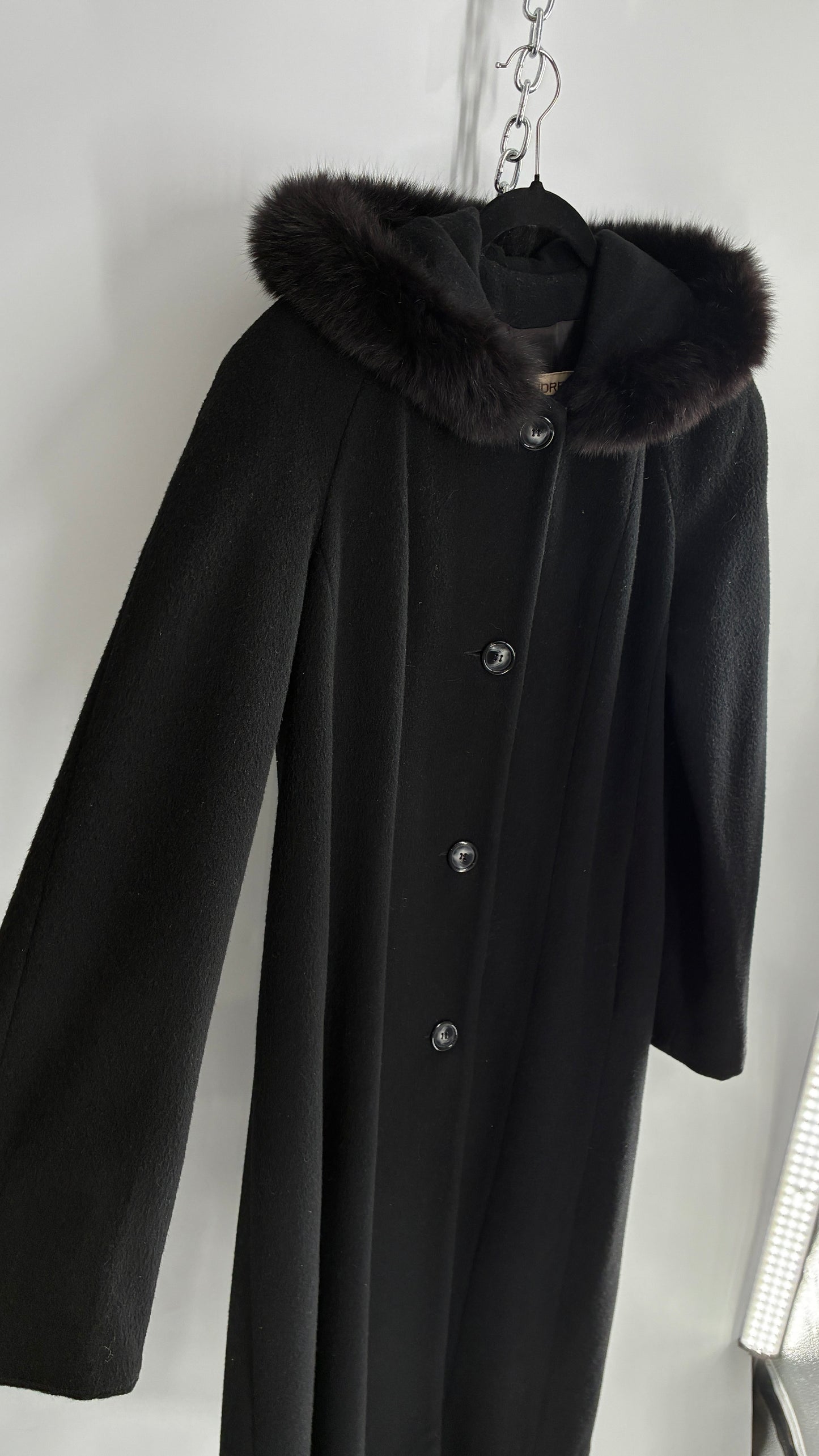 Vintage ANDREA COLLECTION Black Wool Blend Full Length Coat with Fur Trim Hood (12)