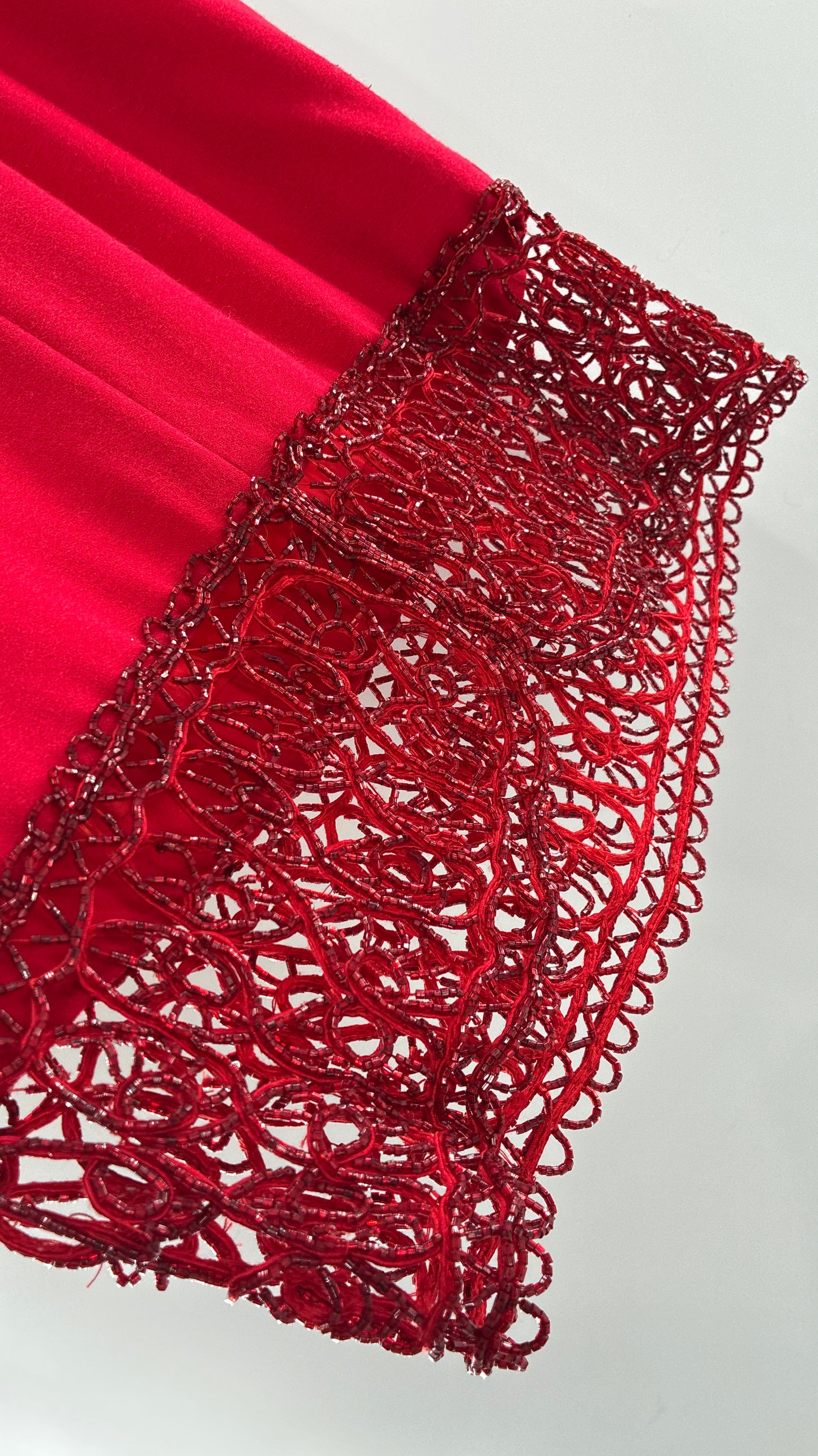 Vintage CARMEN MARC VALVO Red 100% Fitted, Tailored Wool Dress with Beaded Hem and Neckline (6)