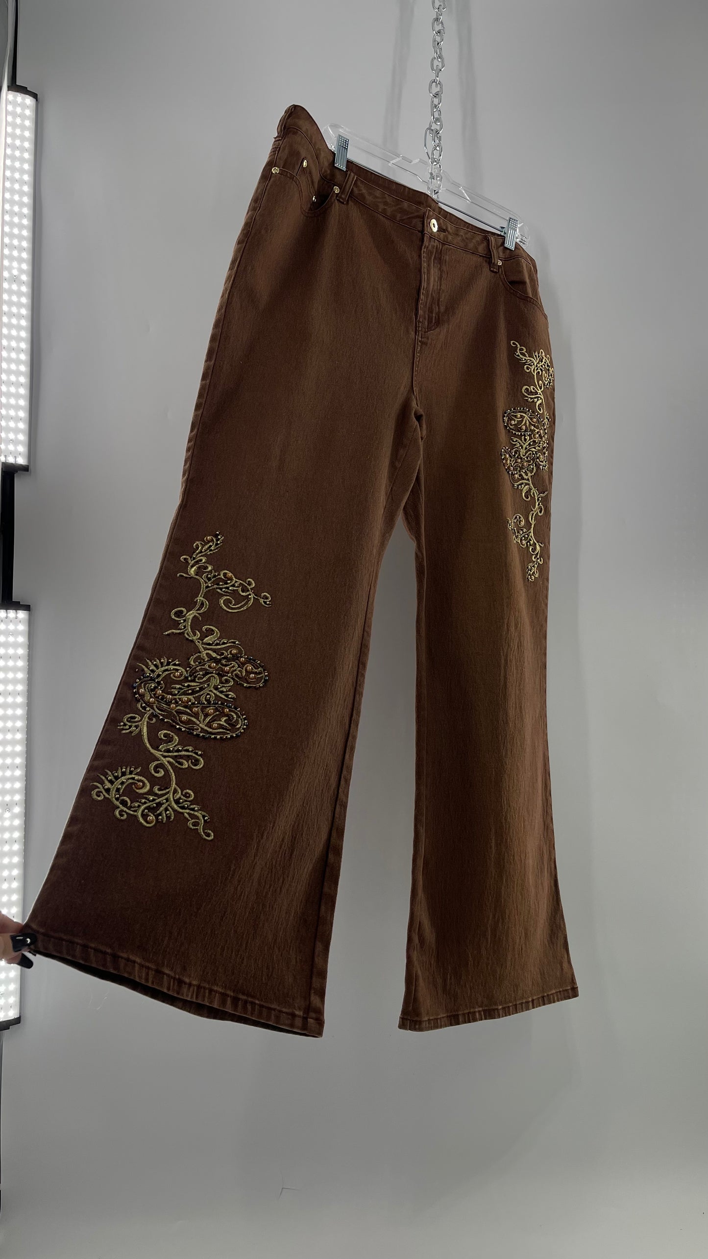 Vintage Midnight Velvet Embroidered + Beaded Brown Flares (18W)