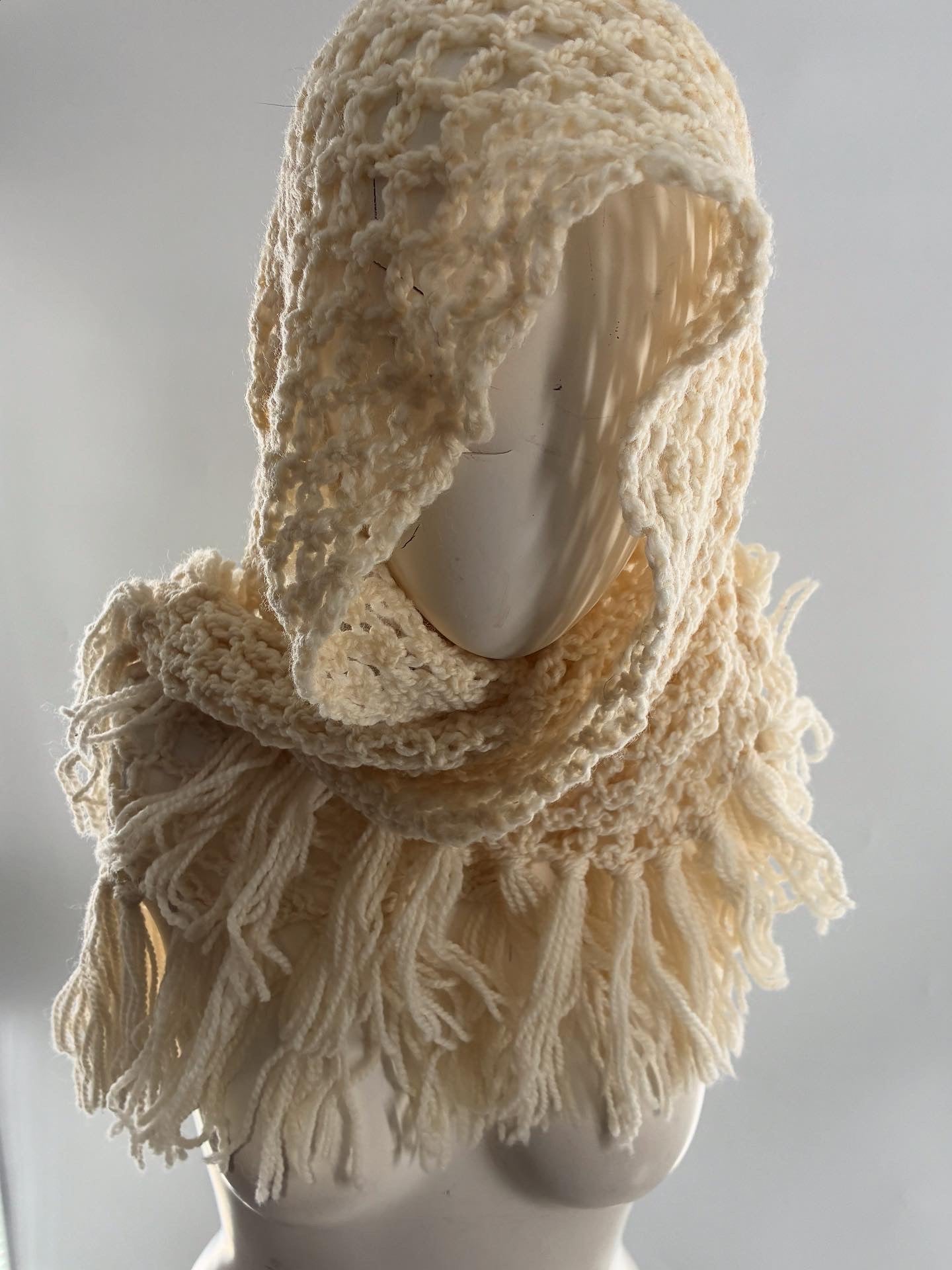 Vintage Off White Fish Net Scarf with Tasseled Ends