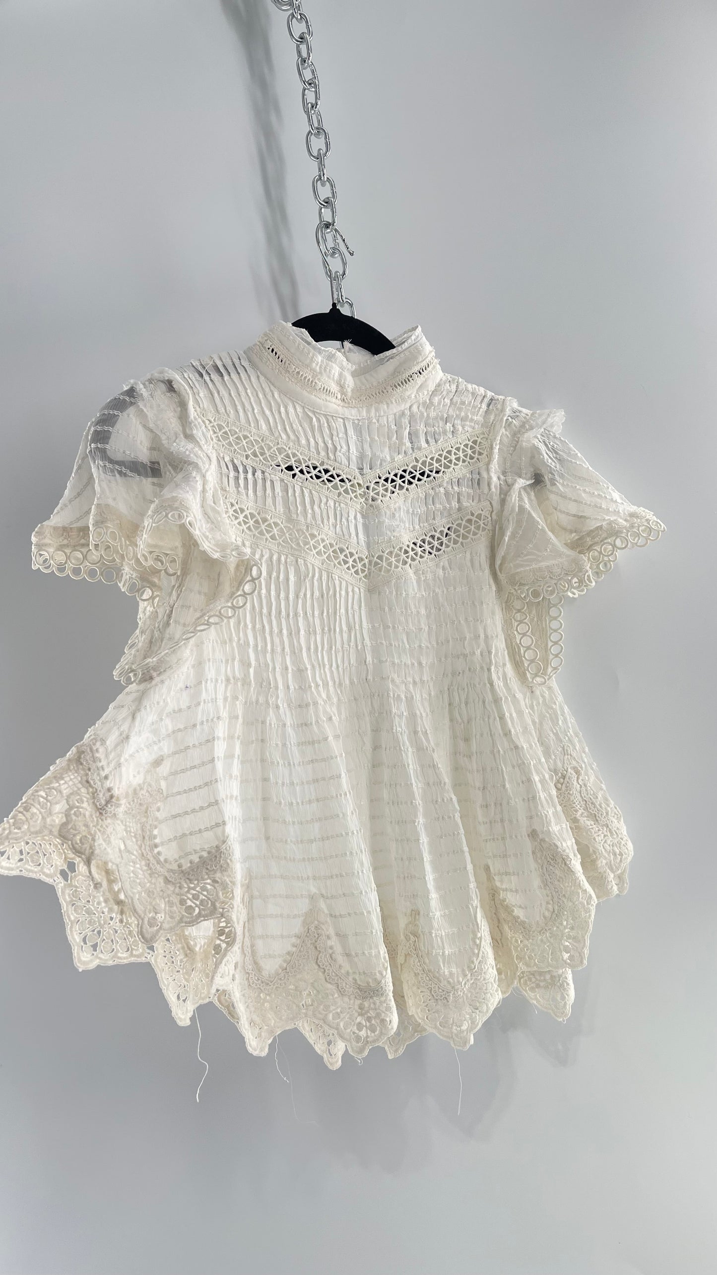 Kimchi Blue White 68% Viscose 32% Cotton Romantic Blouse with High Neck, Textured Body, and Scalloped Lace Hem and Sleeves (Small)