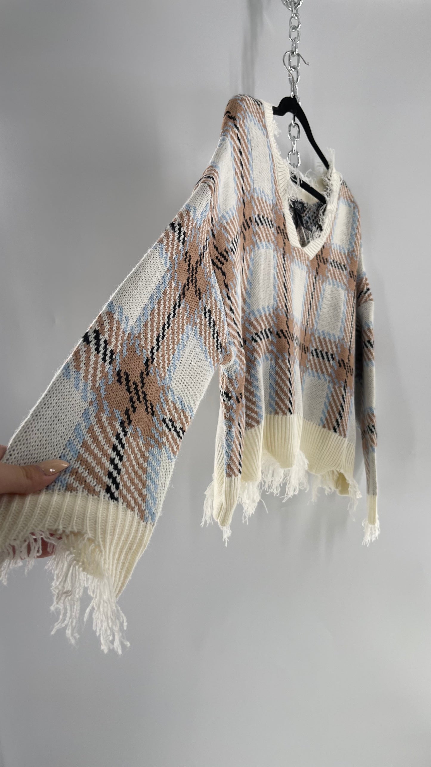 Fashion Nova Plaid Powder Blue/Tan Distressed Sweater
