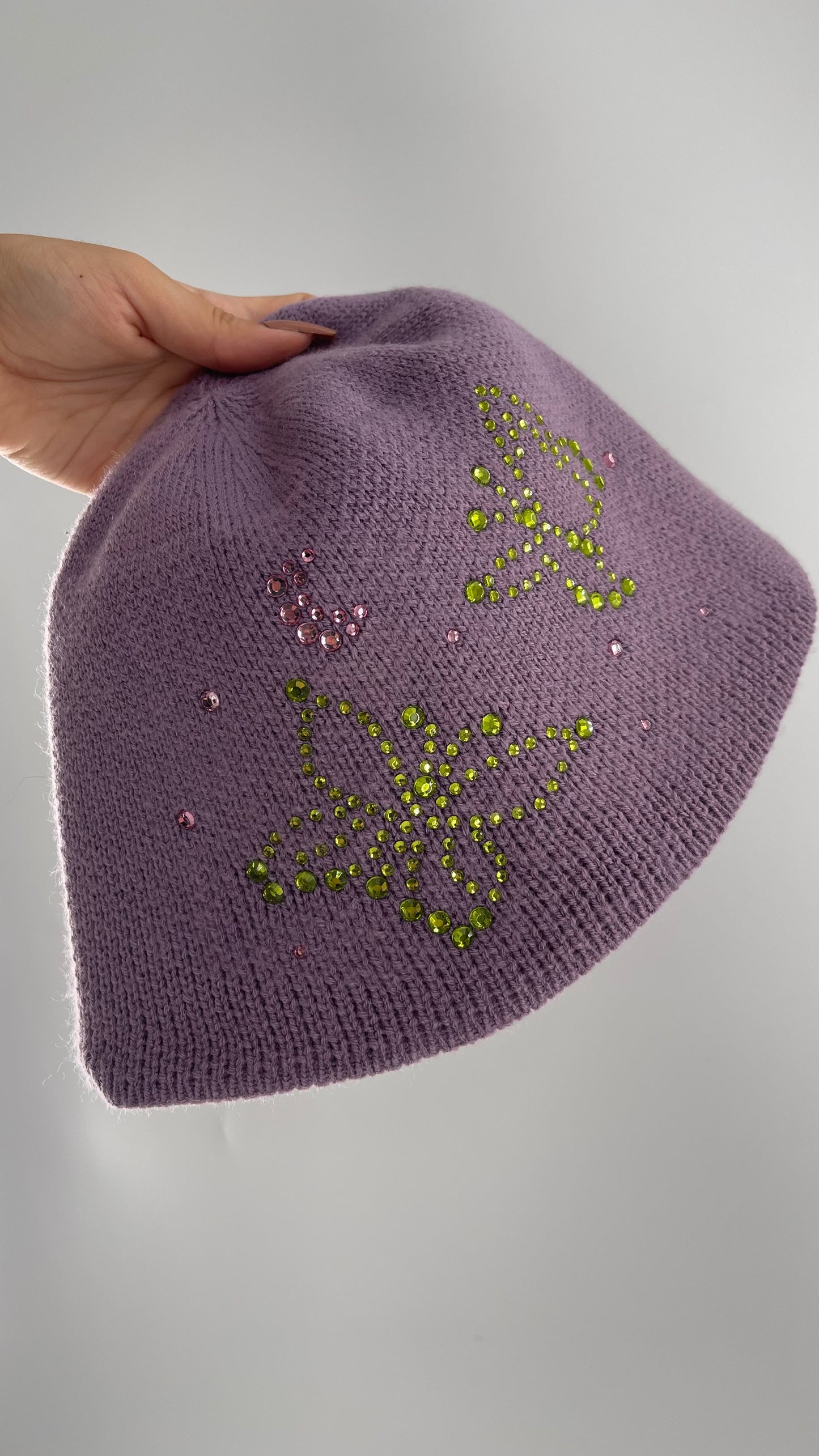 Urban Outfitters Lavender/Lilac Purple Knit Bucket Hat with Rhinestone Butterfly Details