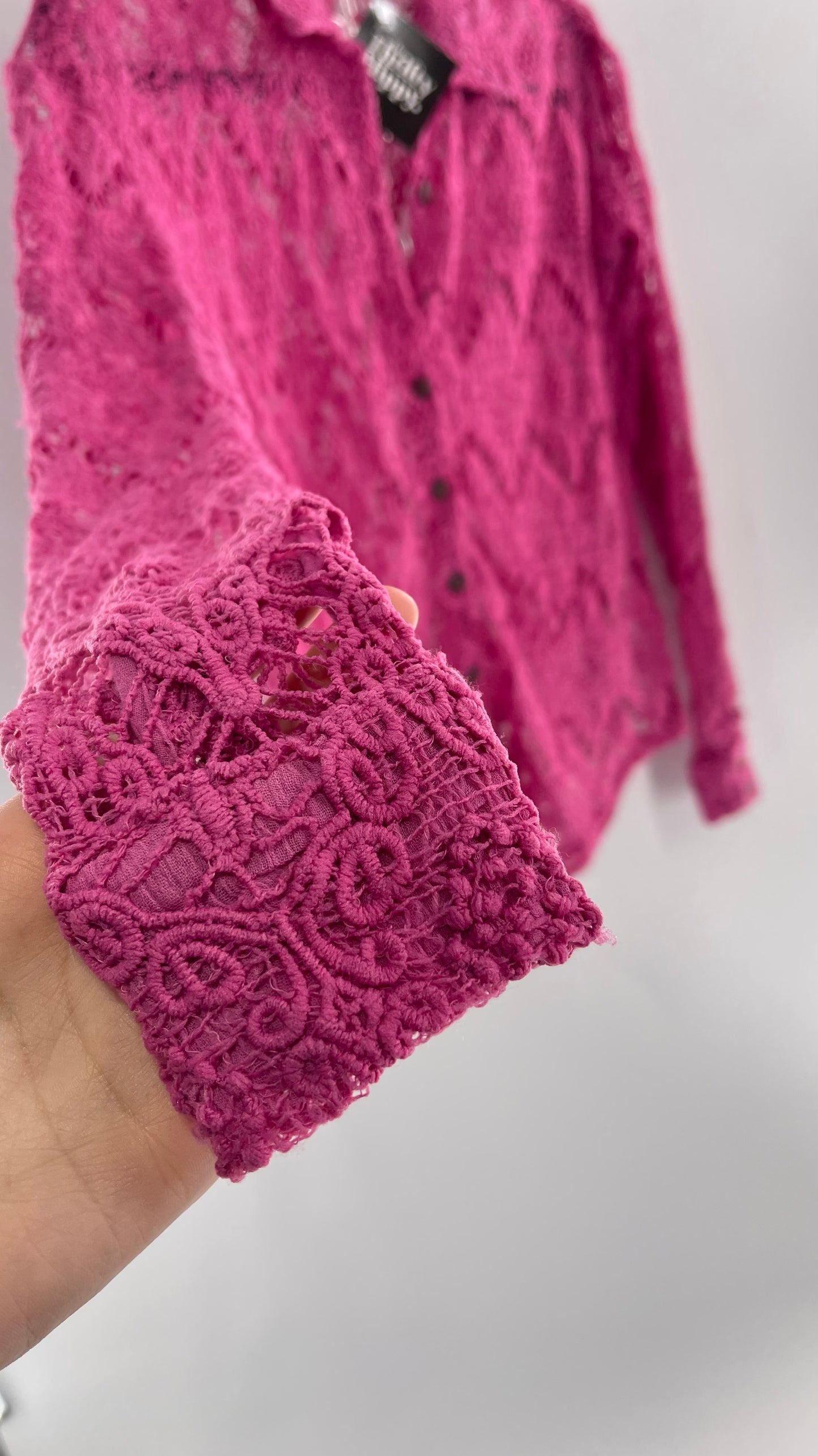 Free People Until Sunday Fuchsia Purple/ Pink Thick Lace Button Front Blouse with Coconut Buttons (XS)