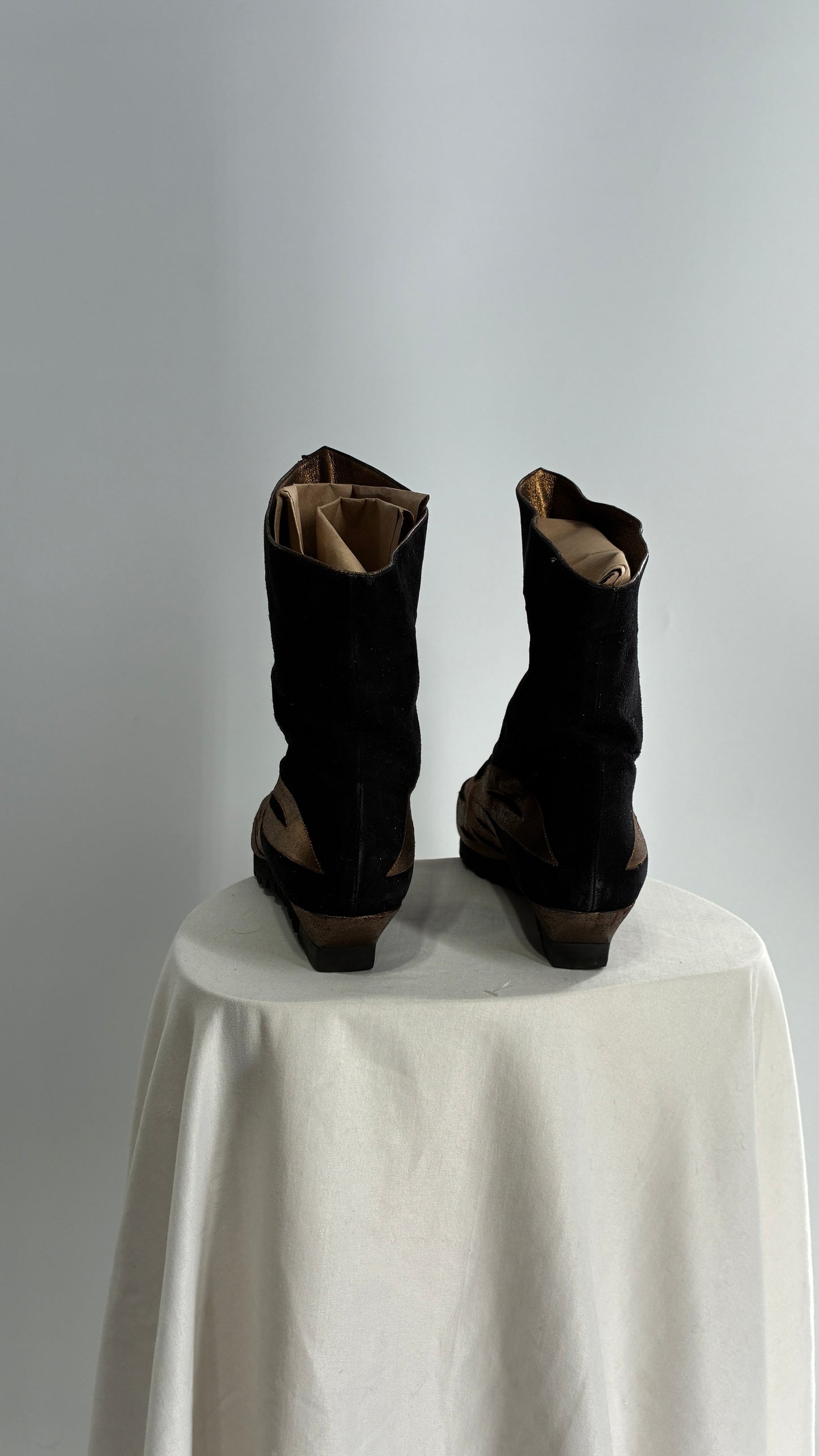 Vintage 1960s Pancaldi for MARLOWE Black Suede Gold/Bronze Appliqué Patchwork Pointed Toe Boot (38.5)