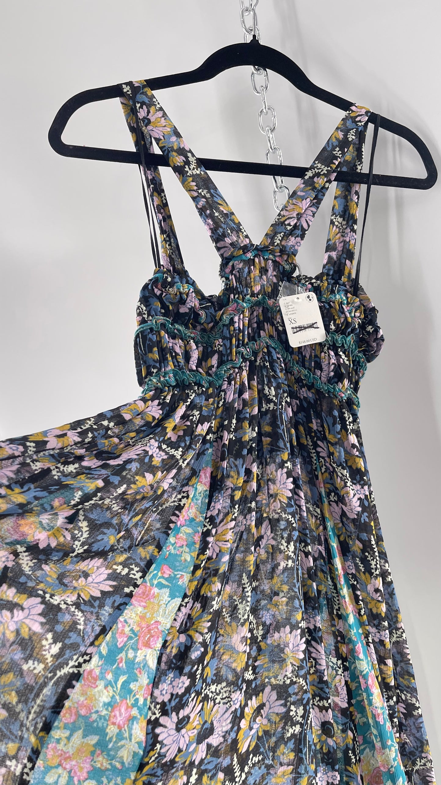 Intimately Free People Black and Teal Mixed Pattern Floral Maxi Dress with Tags Attached (XS)