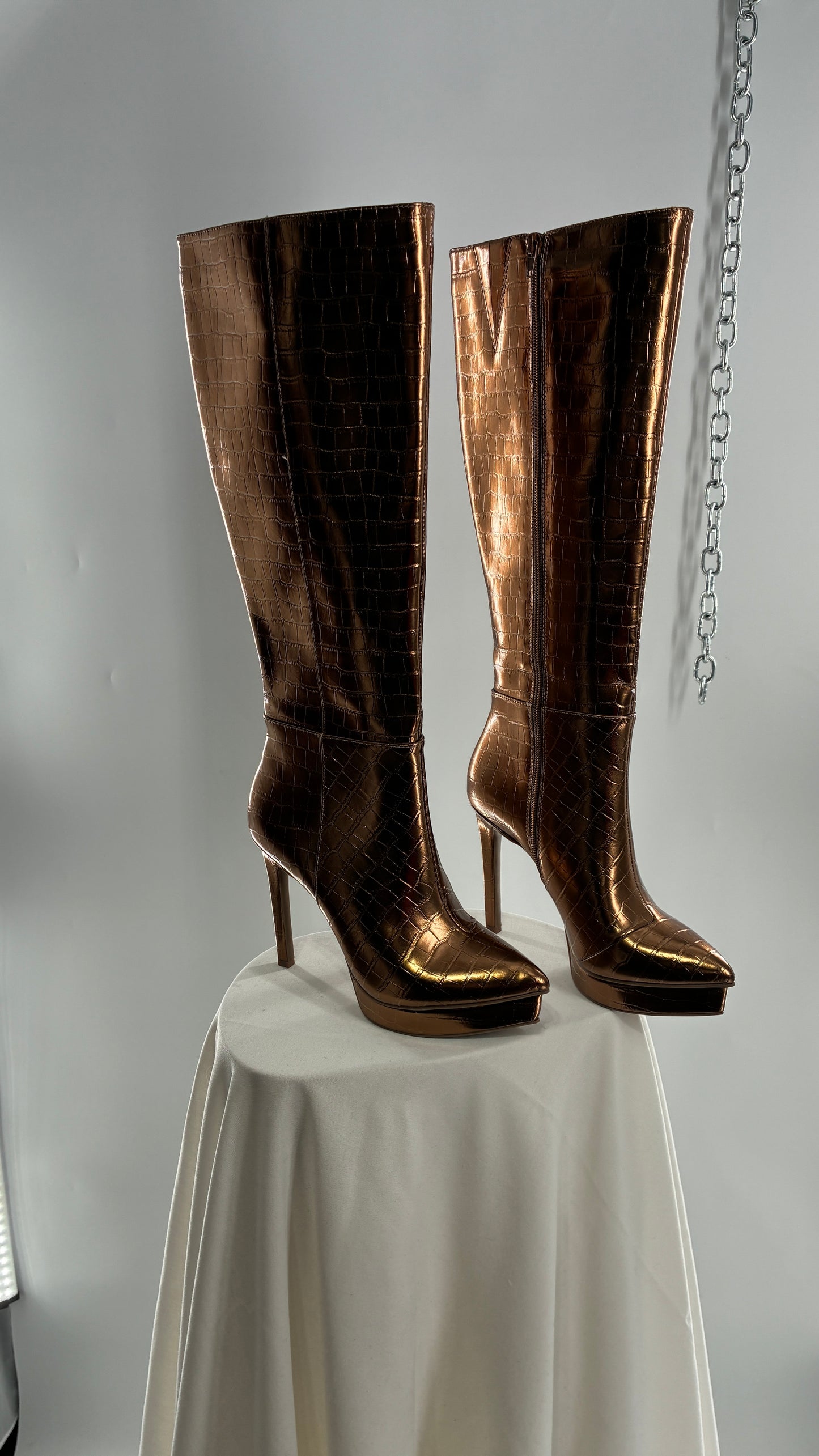 Vintage THALIA SODI Bronze Embossed Crocodile Texture Platform, Pointed Toe, Knee High Boots (6)