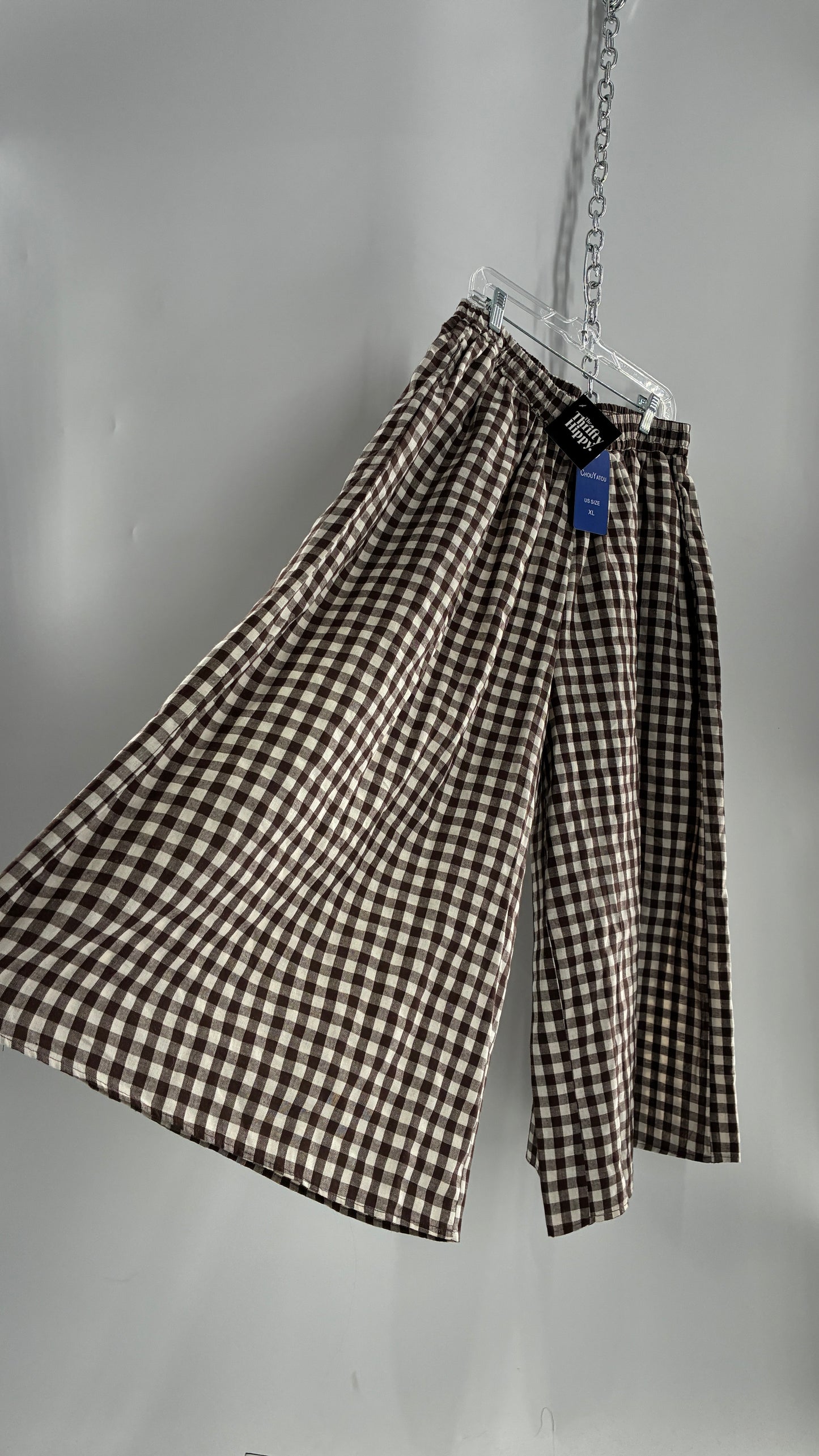 Wide Leg Brown Gingham Picnic Pants (XL)
