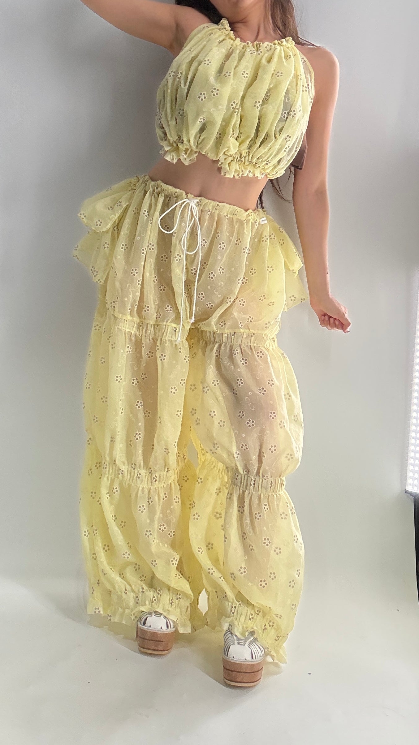 Vintage Handmade 2pc Baby Yellow Set with Tiered Pants, Ruffled Bum, and Floral Eyelet Pattern (XS-M)