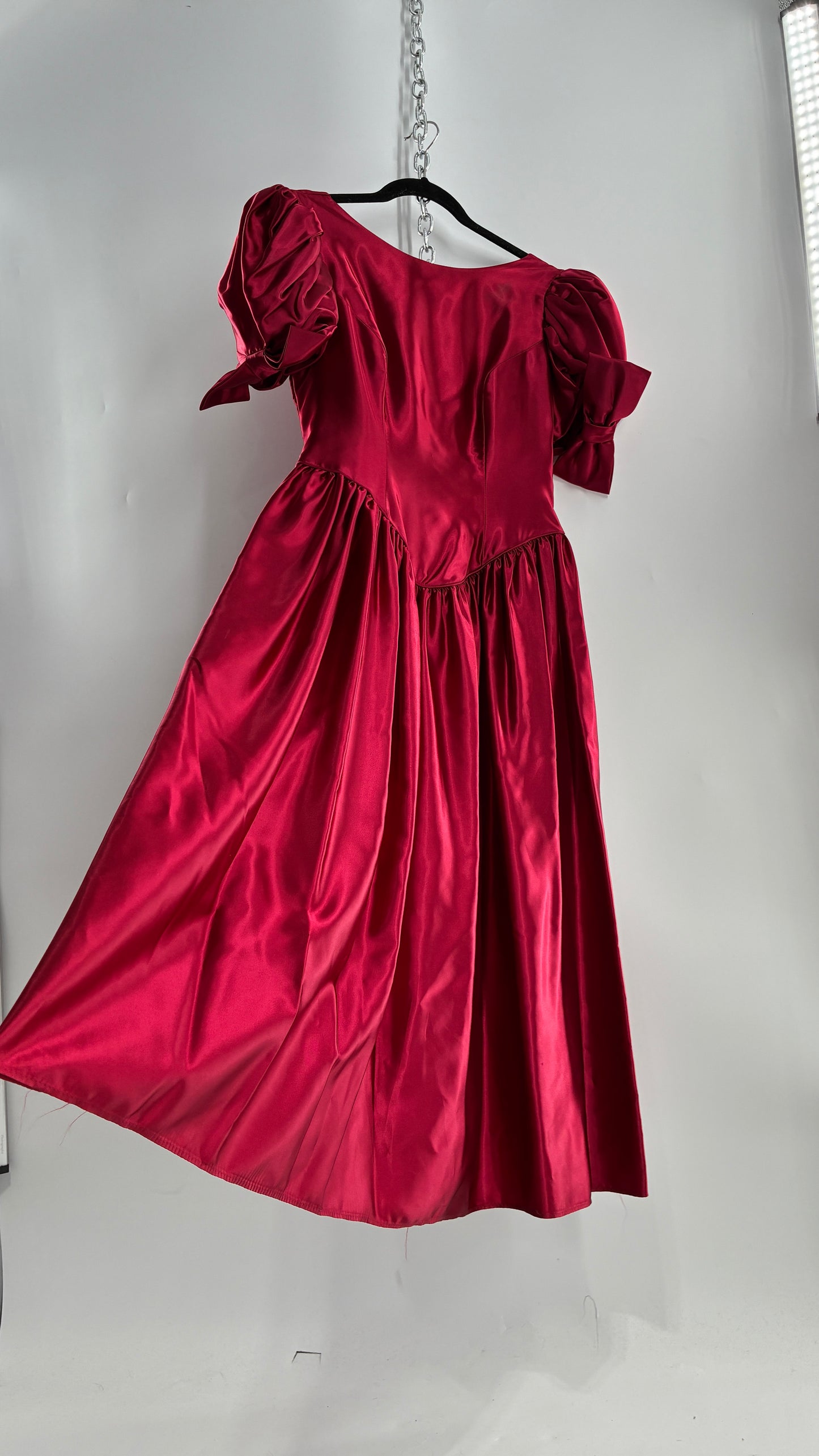 Vintage Red Silky Satin Corset Style Dress with Sweetheart Neckline, Puff Sleeves, Oversized Bow Bum, Open Back and Draping Pearls (10P)