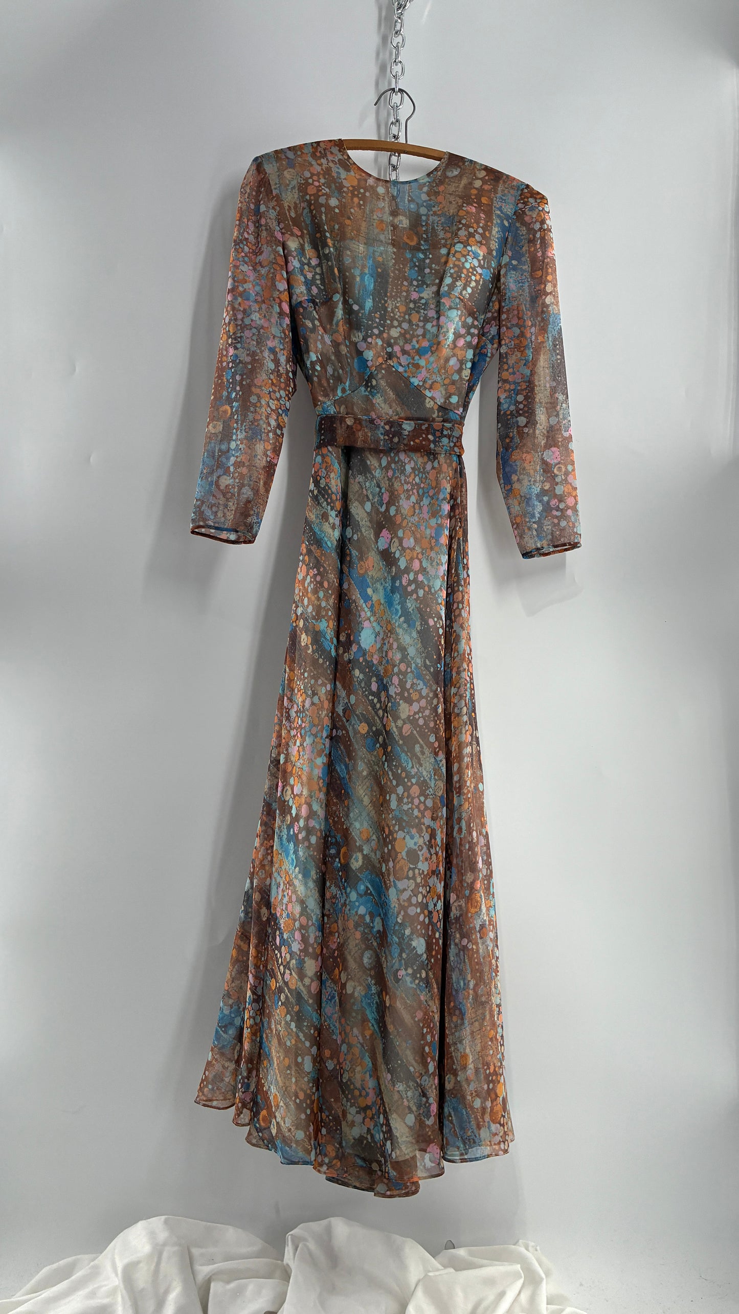 Vintage 1970s HELEN BASS Brown, Orange, Blue Voluminous Maxi Dress (S)