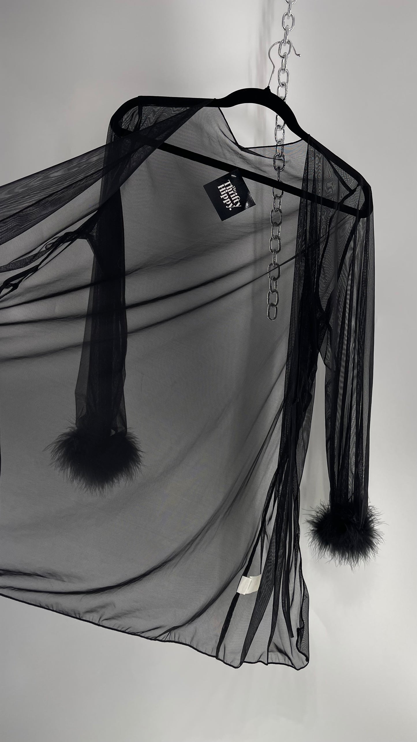 Black Mesh Long Sleeve Toss On with Feather Cuffs (Medium)