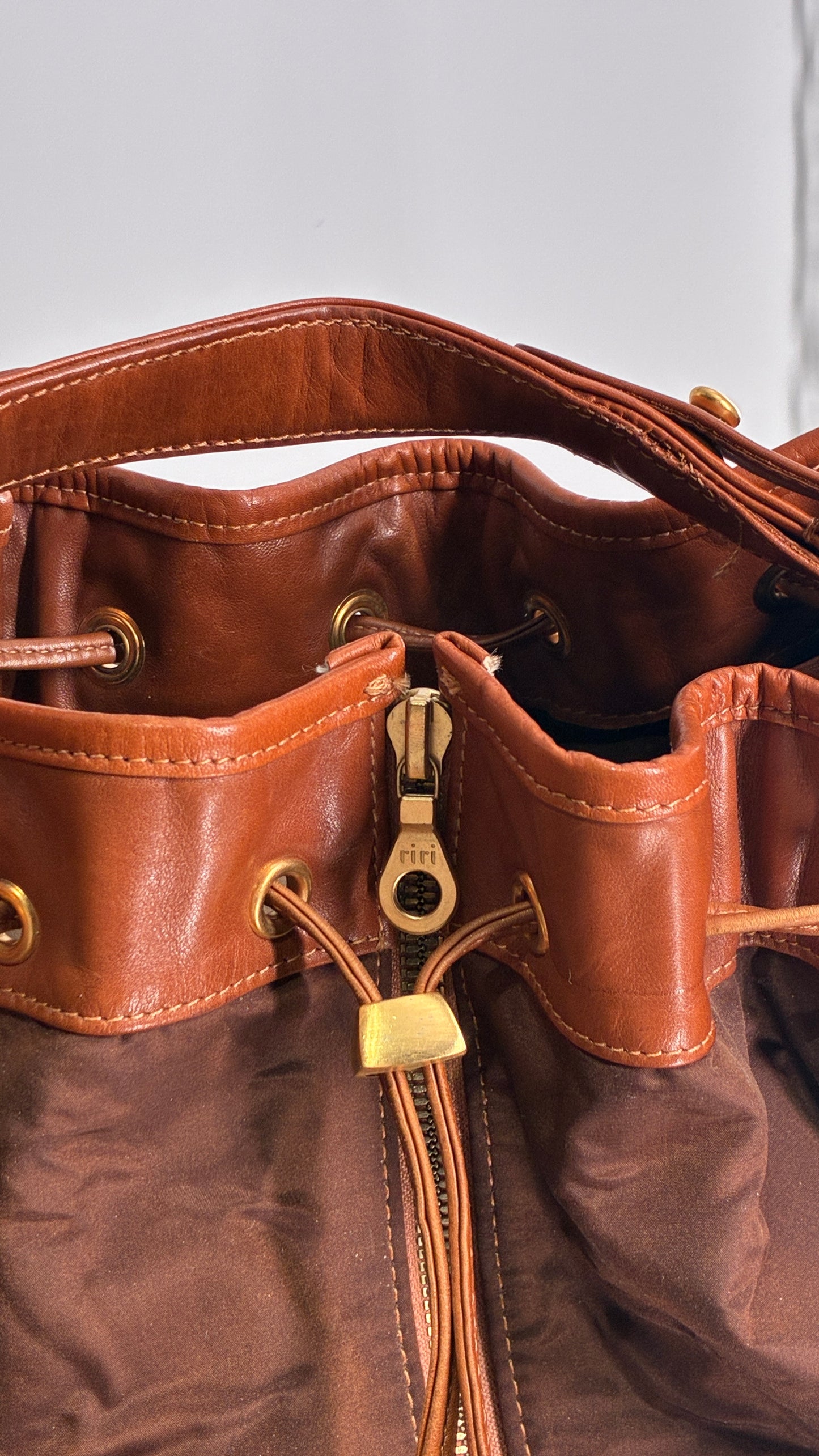 Vintage DONNA KARAN DKNY Oversized XL Brown Zip Front Bag with Leather Details